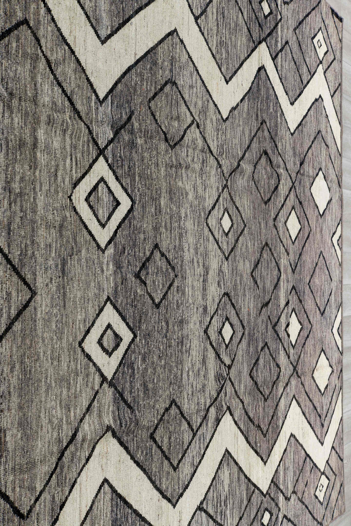 9' x 11' one-of-a-kind handmade vintage Tulu large size rug. Color palette: gray, ivory, charcoal, black