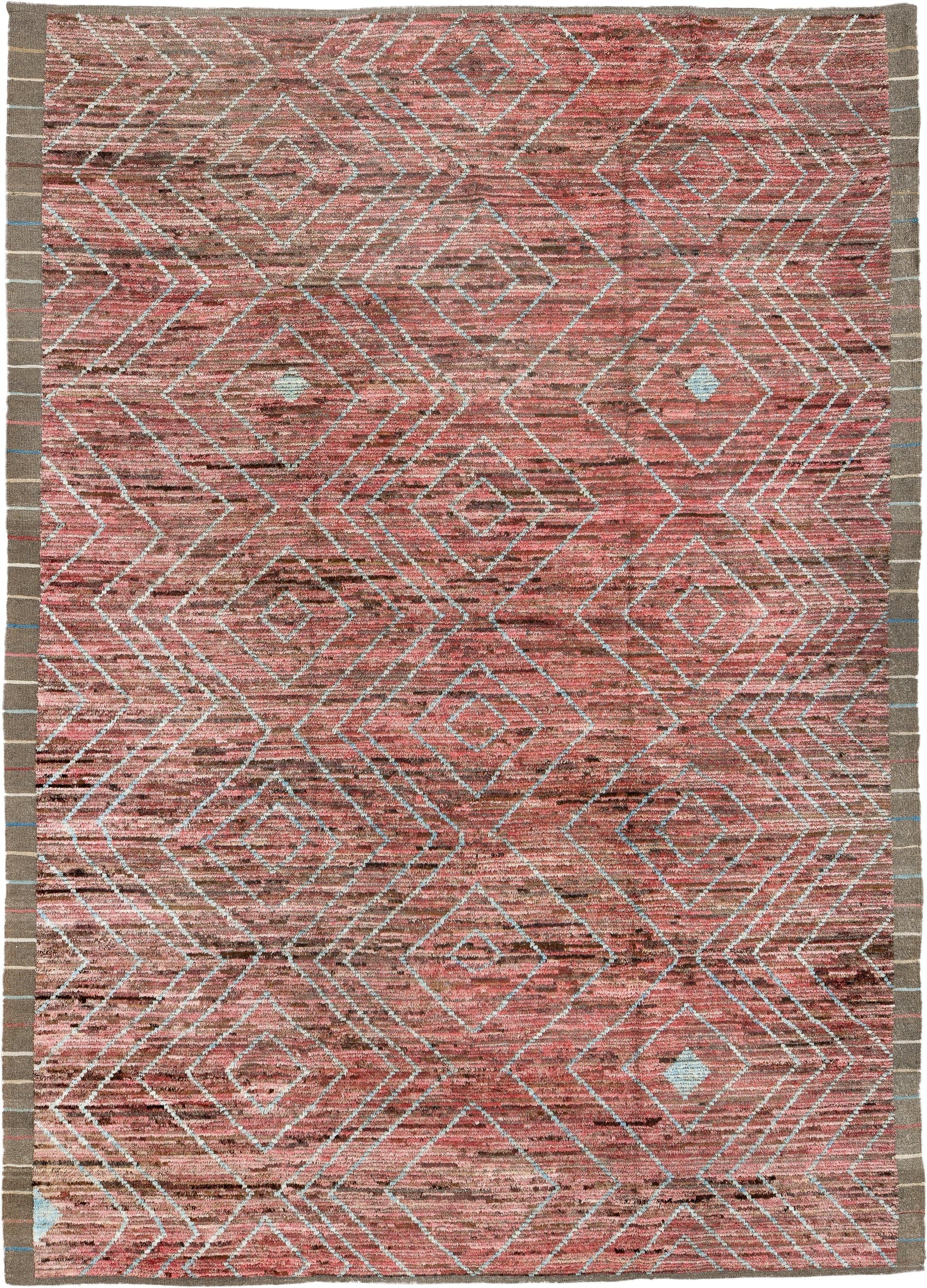 10' x 14' one-of-a-kind handmade vintage Tulu large size rug. Color palette: rose, taupe, pale aqua, dusty coral, brown
