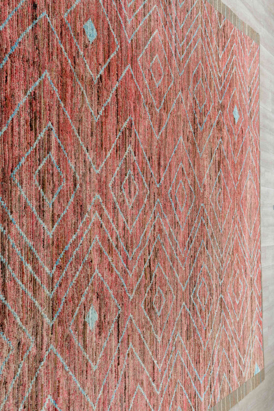 10' x 14' one-of-a-kind handmade vintage Tulu large size rug. Color palette: rose, taupe, pale aqua, dusty coral, brown