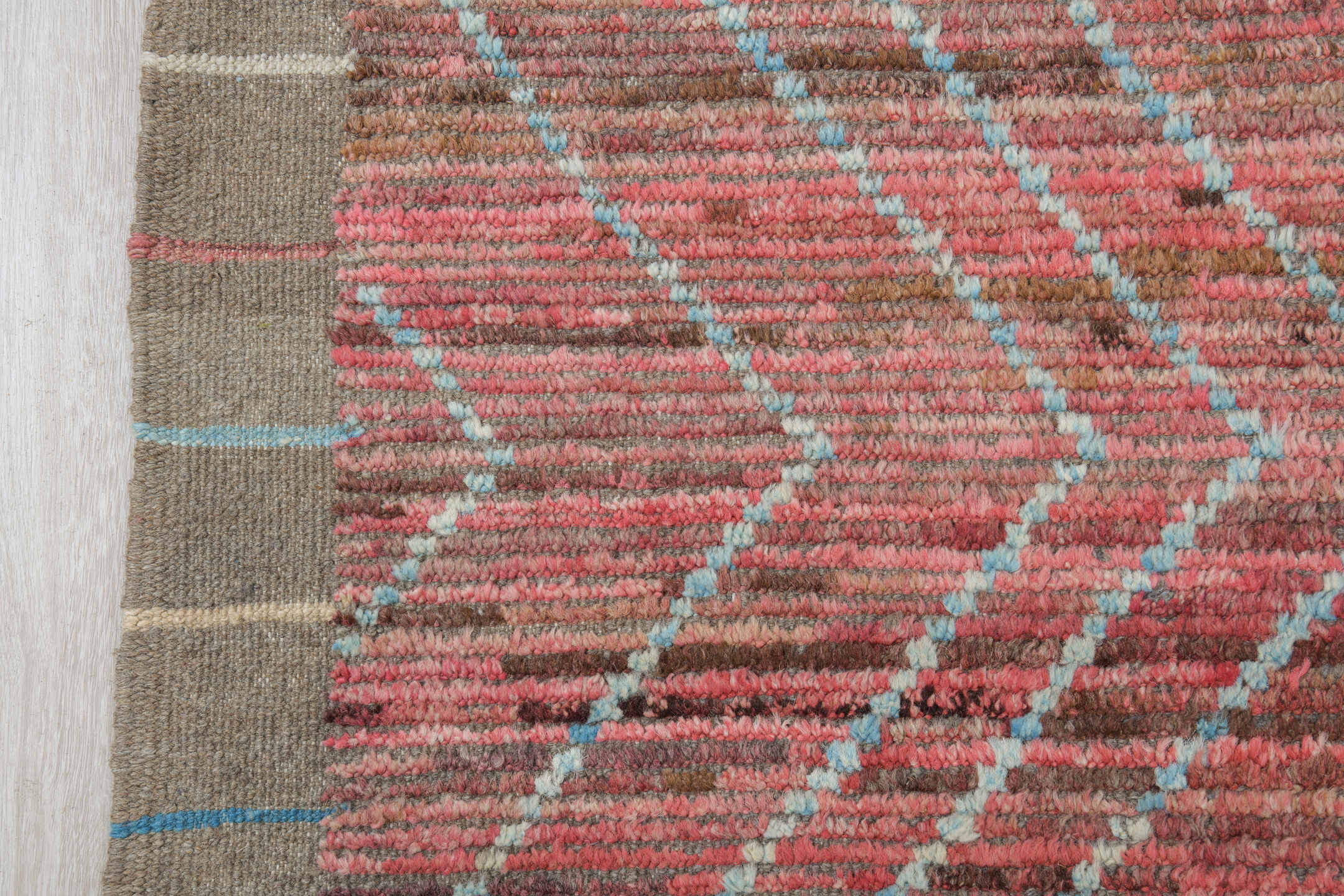 10' x 14' one-of-a-kind handmade vintage Tulu large size rug. Color palette: rose, taupe, pale aqua, dusty coral, brown