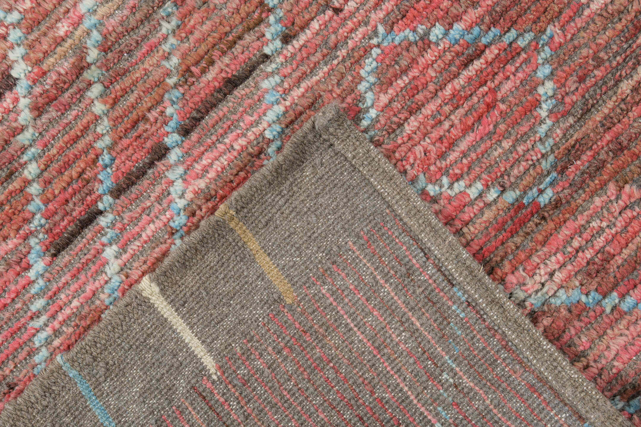 10' x 14' one-of-a-kind handmade vintage Tulu large size rug. Color palette: rose, taupe, pale aqua, dusty coral, brown