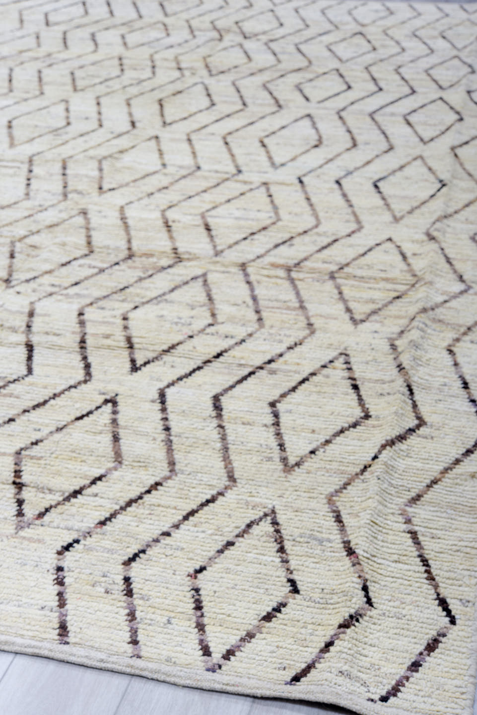 10' x 13' one-of-a-kind handmade vintage Tulu large size rug. Color palette: ivory, taupe, brown, beige, gray