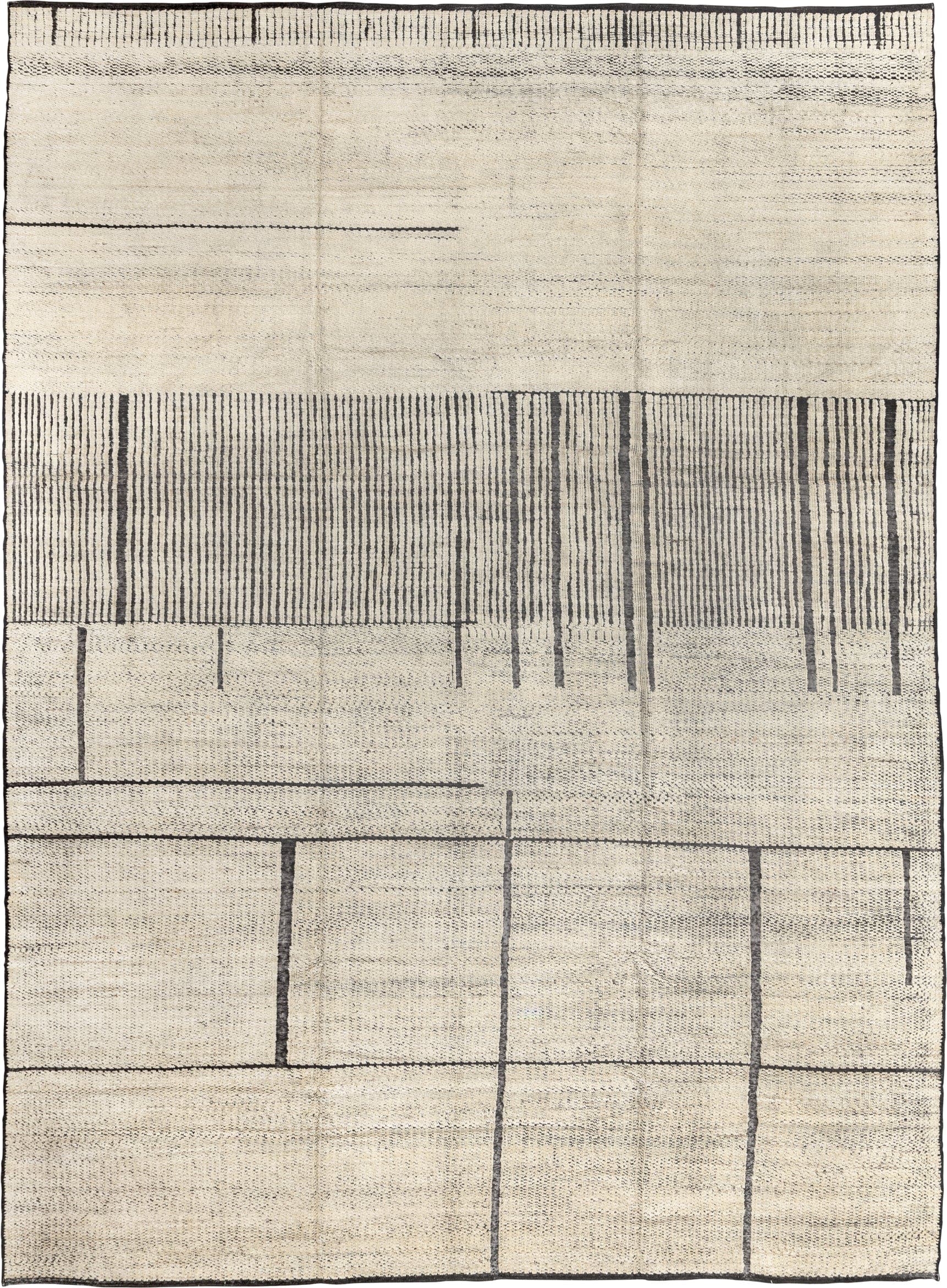 10' x 14' one-of-a-kind handmade vintage Tulu large size rug. Color palette: ivory, charcoal, cream, taupe, slate, black