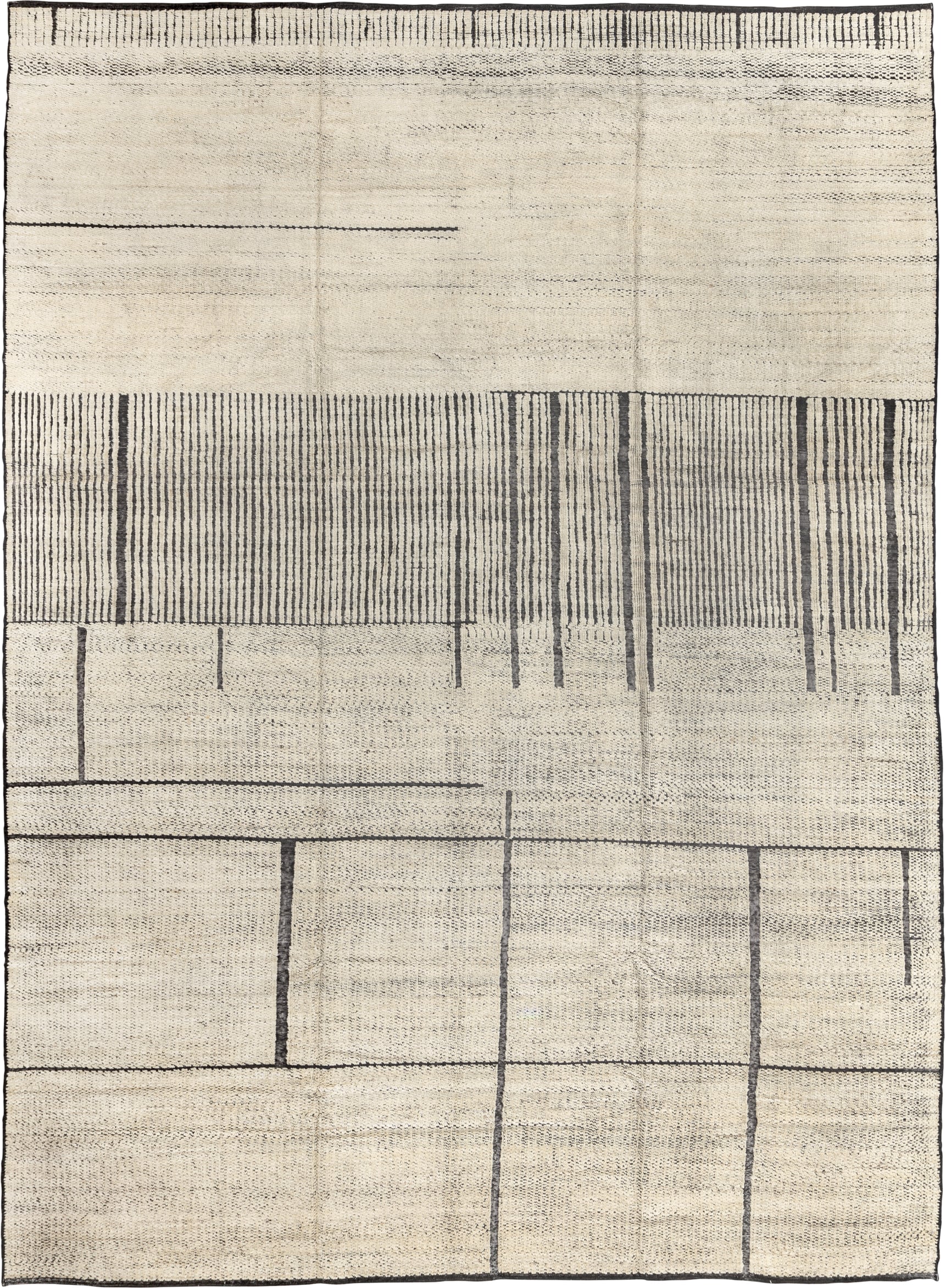10' x 14' one-of-a-kind handmade vintage Tulu large size rug. Color palette: ivory, charcoal, cream, taupe, slate, black