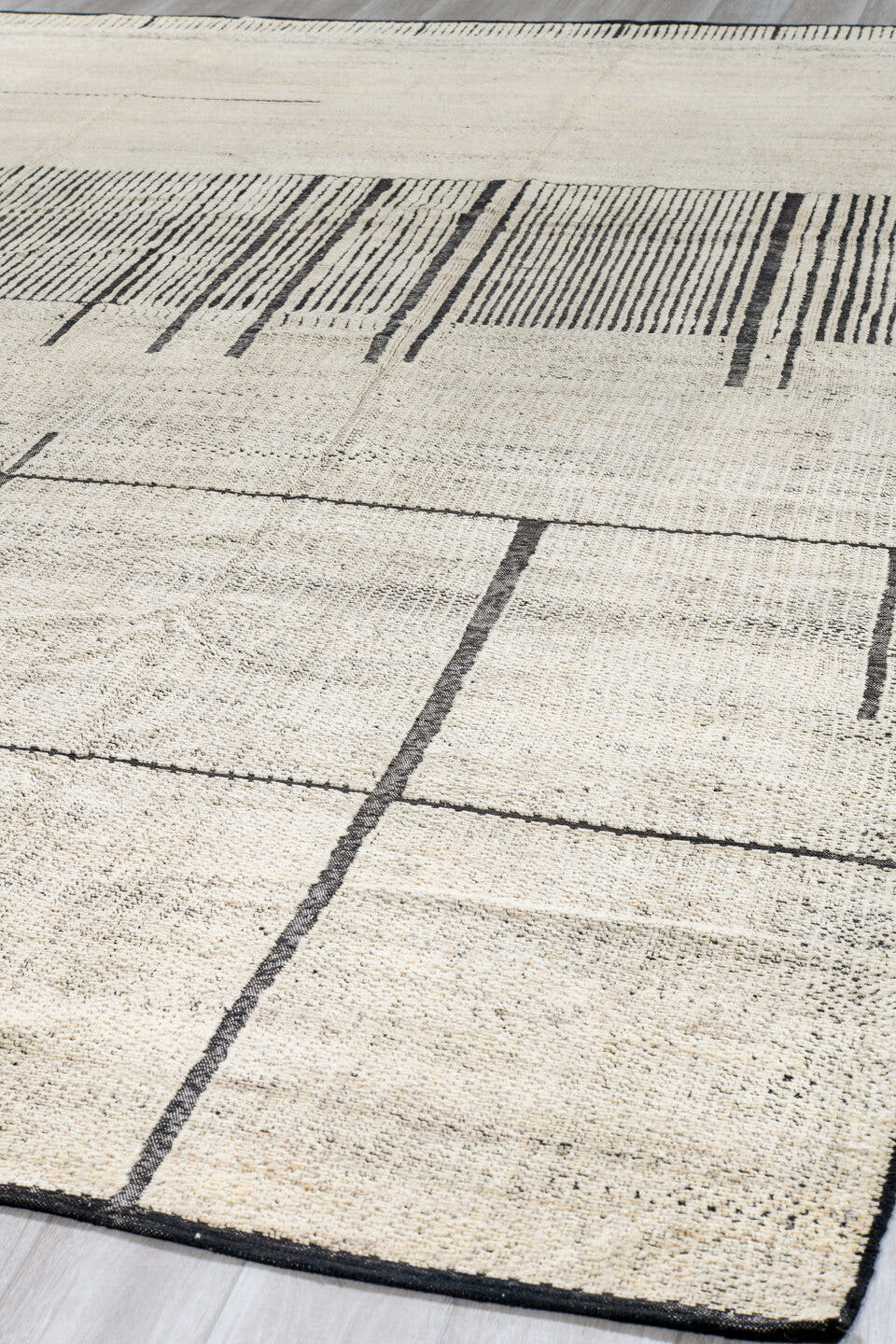 10' x 14' one-of-a-kind handmade vintage Tulu large size rug. Color palette: ivory, charcoal, cream, taupe, slate, black