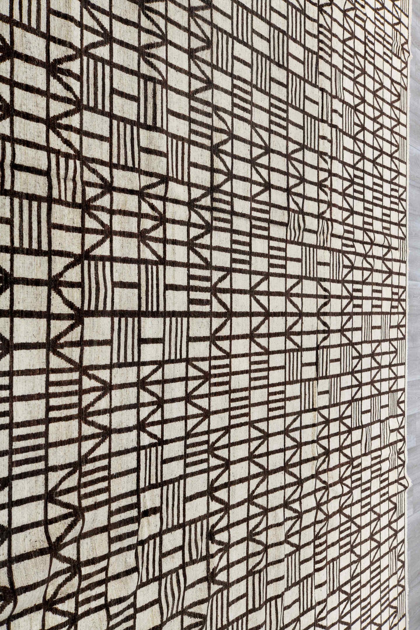 11' x 13' one-of-a-kind handmade vintage Tulu oversize rug. Color palette: ivory, charcoal, gray, black
