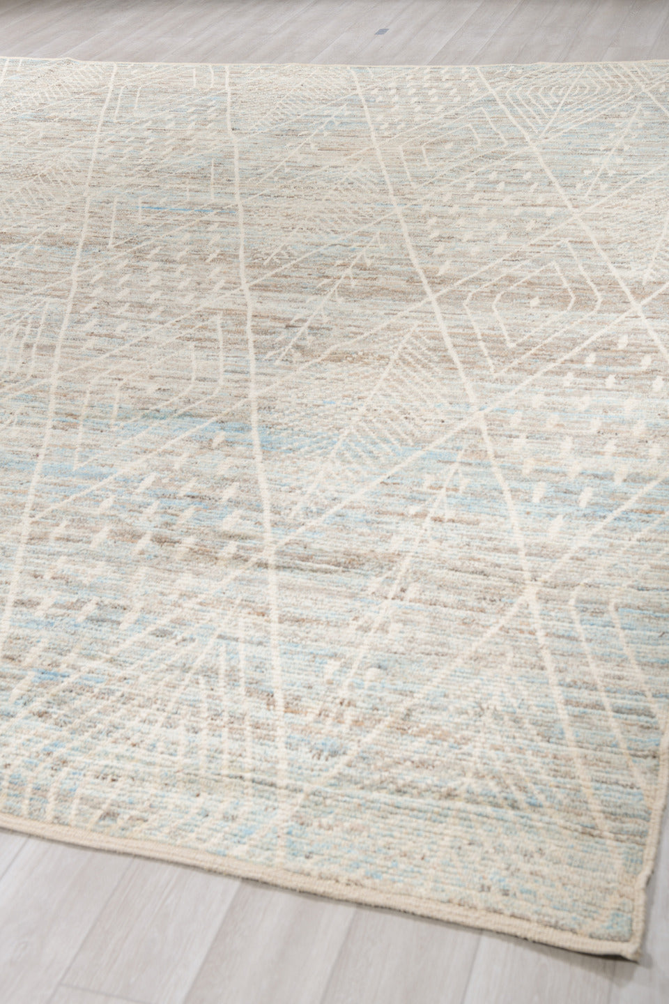 12' x 14' one-of-a-kind handmade vintage Tulu oversize rug. Color palette: ivory, taupe, light blue, beige, gray