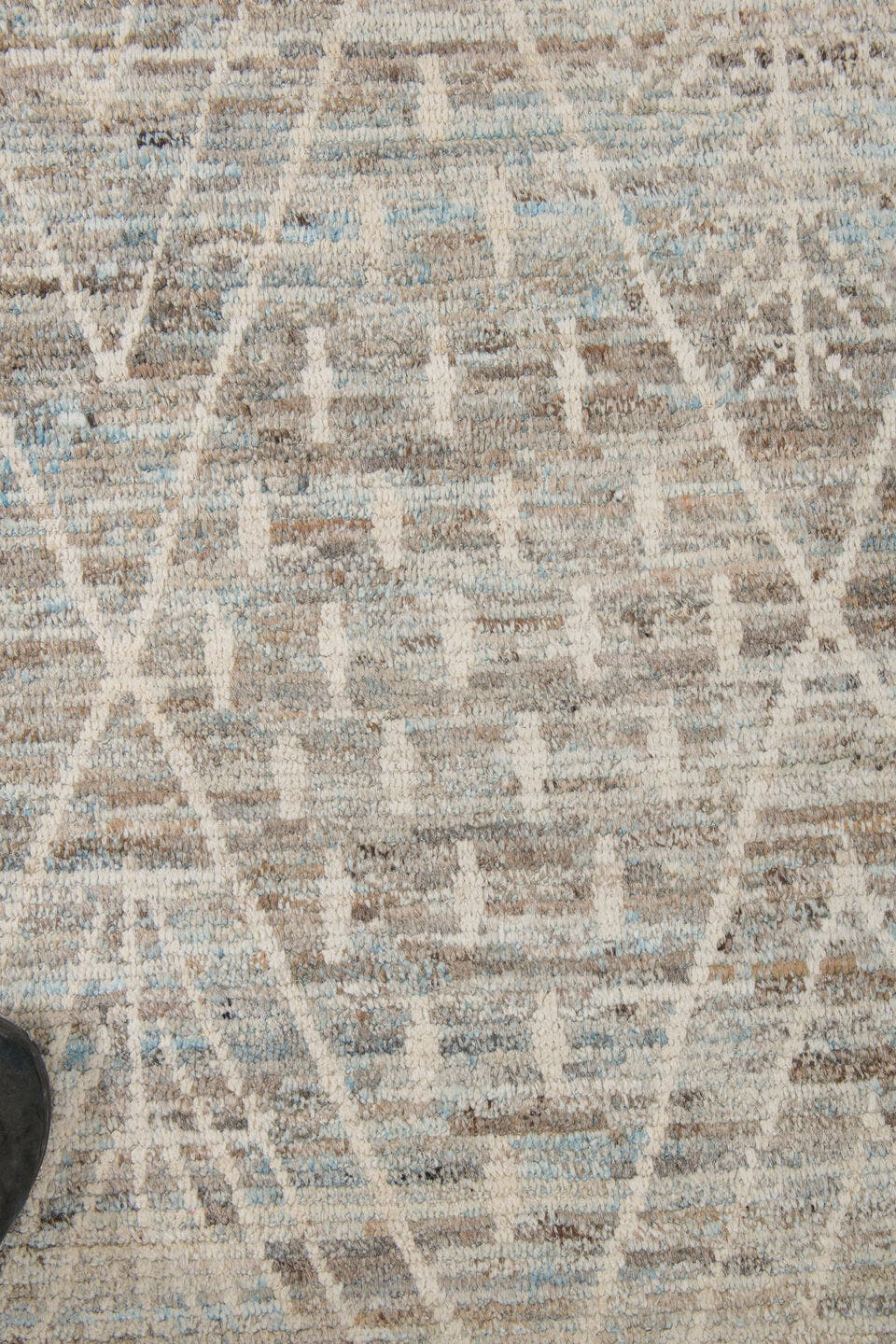 12' x 14' one-of-a-kind handmade vintage Tulu oversize rug. Color palette: ivory, taupe, light blue, beige, gray