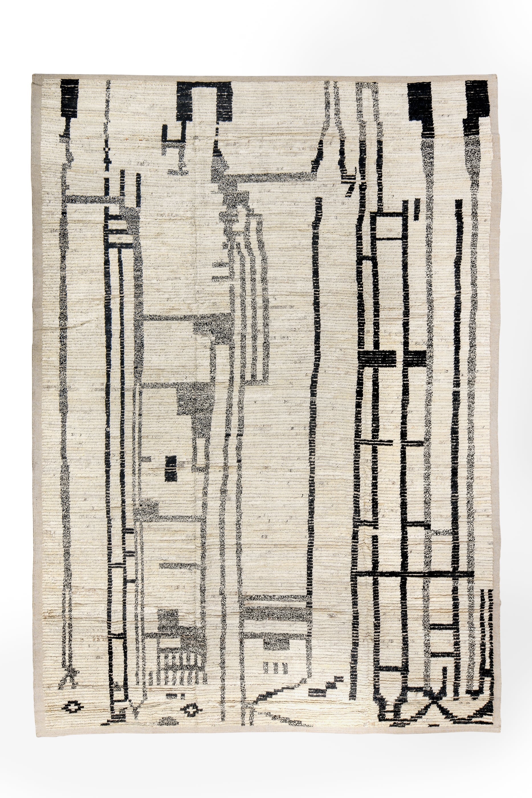 9' x 12' one-of-a-kind handmade vintage Tulu large size rug. Color palette: ivory, black, charcoal, taupe, gray, beige