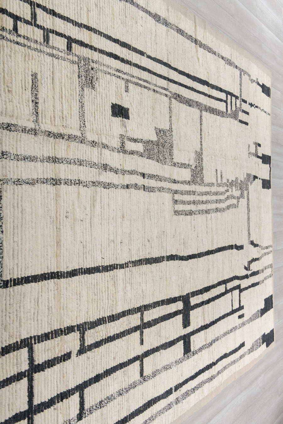 9' x 12' one-of-a-kind handmade vintage Tulu large size rug. Color palette: ivory, black, charcoal, taupe, gray, beige