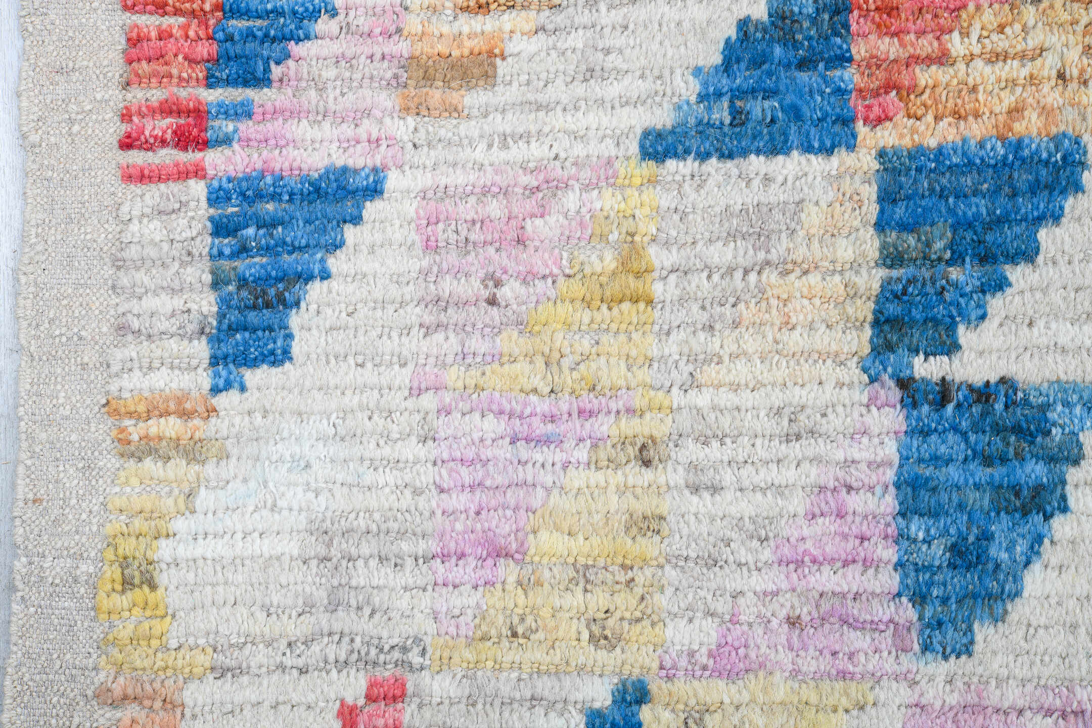 10' x 11' one-of-a-kind handmade vintage Tulu large size rug. Color palette: ivory, sky blue, coral, gold, blush, taupe