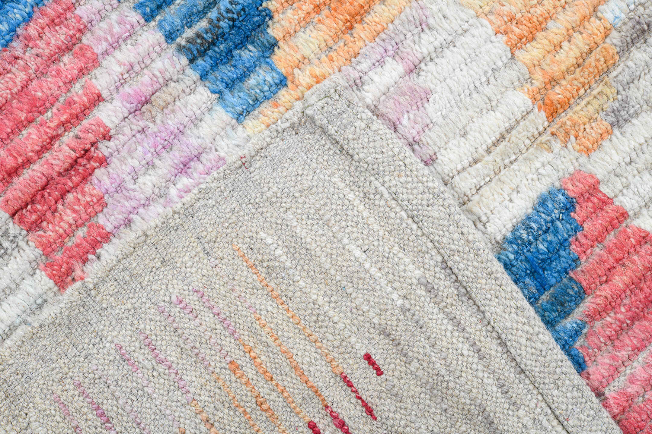 10' x 11' one-of-a-kind handmade vintage Tulu large size rug. Color palette: ivory, sky blue, coral, gold, blush, taupe
