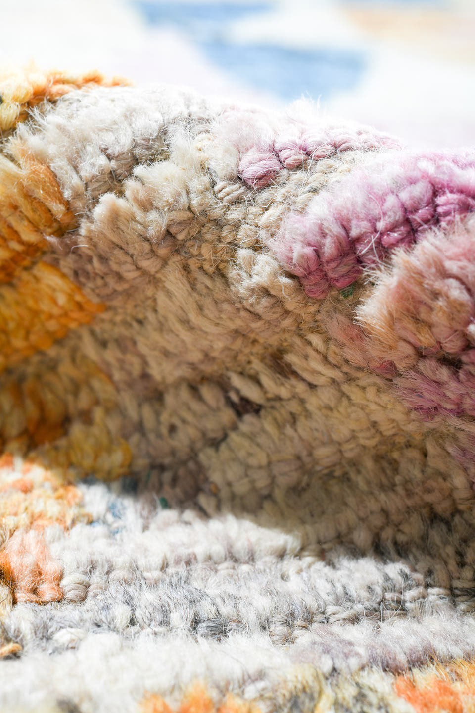10' x 11' one-of-a-kind handmade vintage Tulu large size rug. Color palette: ivory, sky blue, coral, gold, blush, taupe