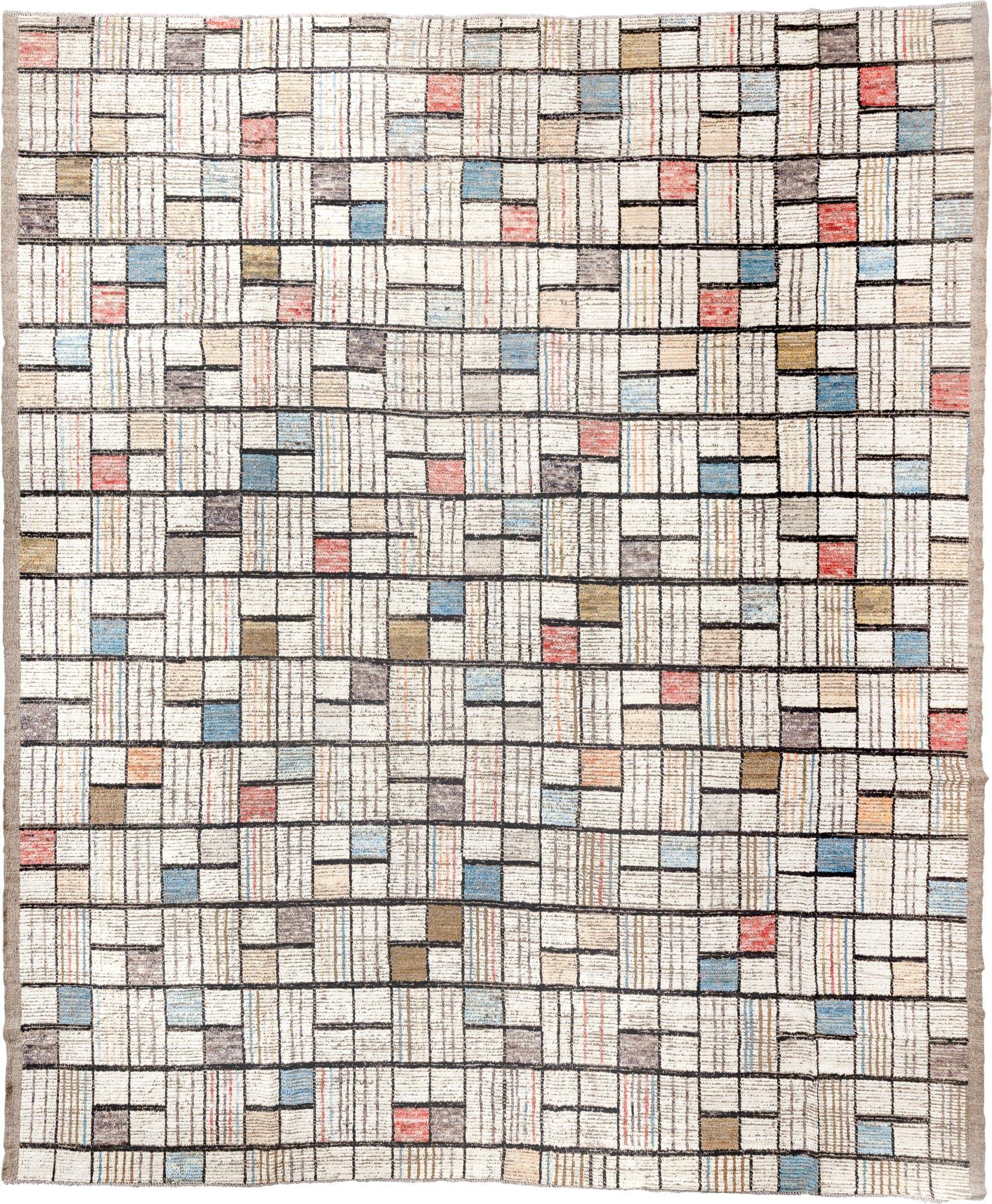 12' x 15' one-of-a-kind handmade vintage Tulu oversize rug. Color palette: ivory, charcoal, taupe, sky blue, coral, camel