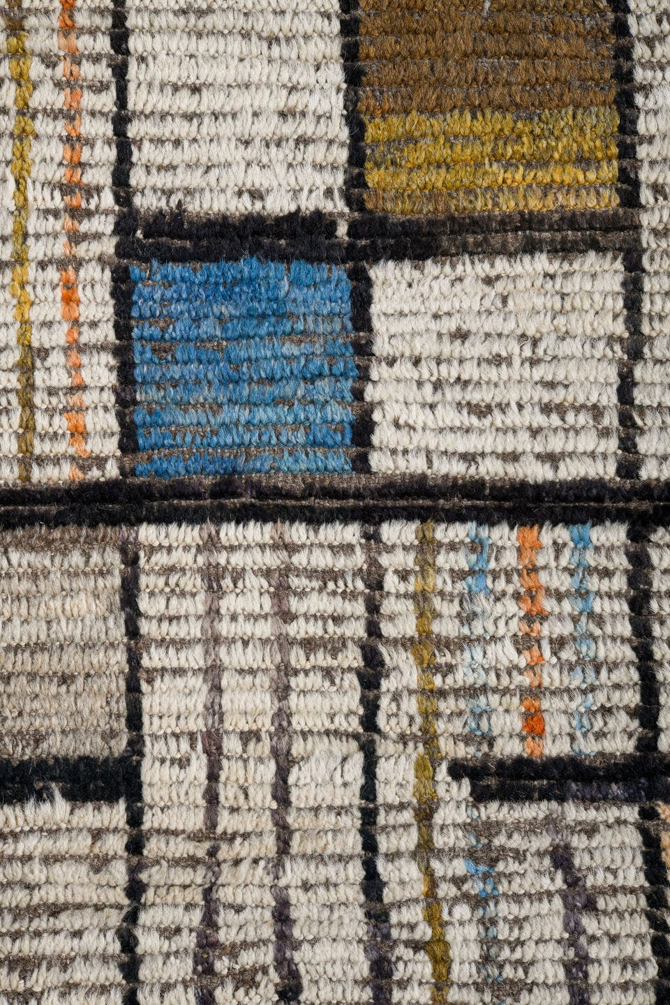 12' x 15' one-of-a-kind handmade vintage Tulu oversize rug. Color palette: ivory, charcoal, taupe, sky blue, coral, camel