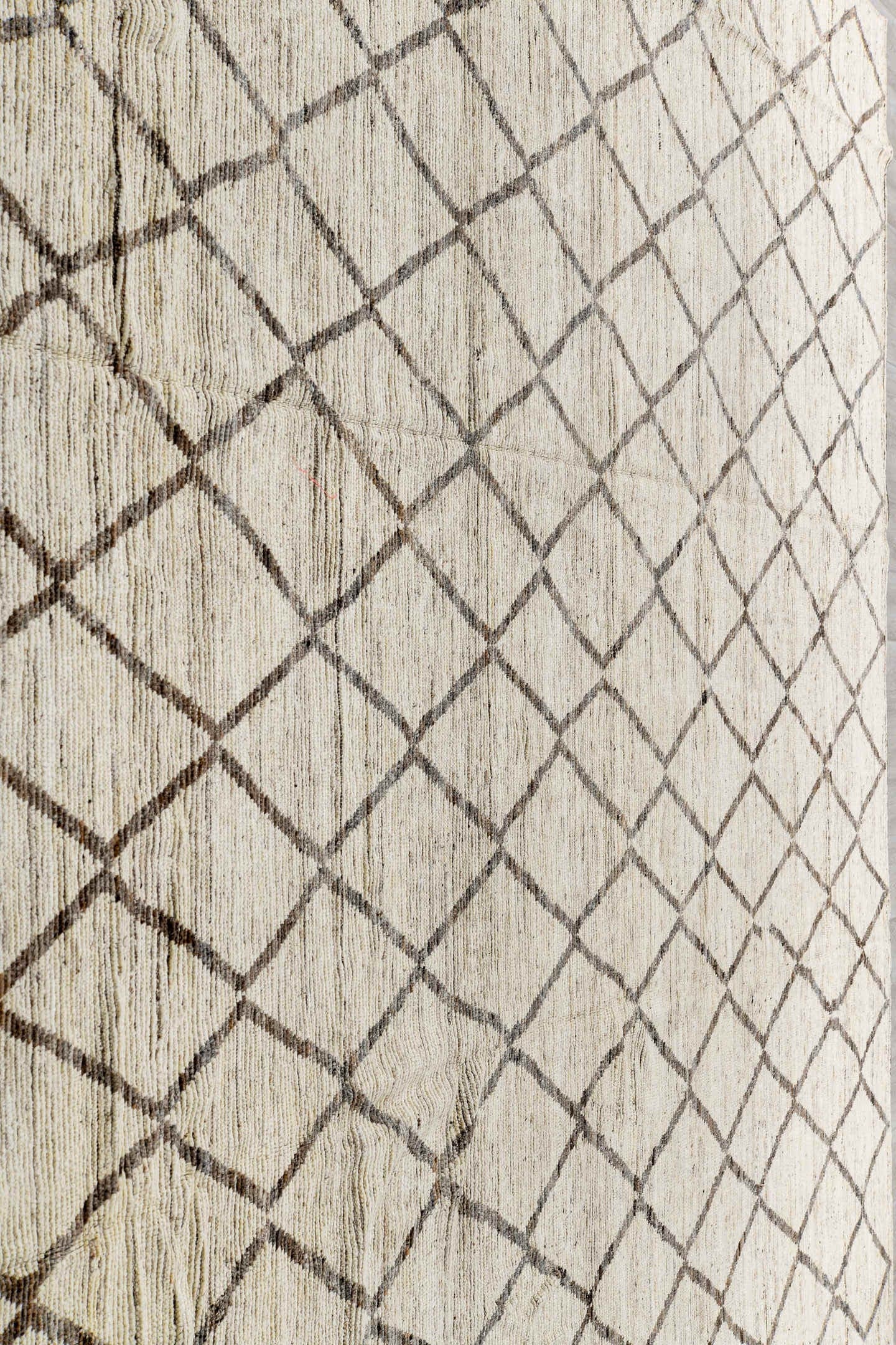 11' x 13' one-of-a-kind handmade vintage Tulu oversize rug. Color palette: ivory, taupe, brown, cream, beige, gray