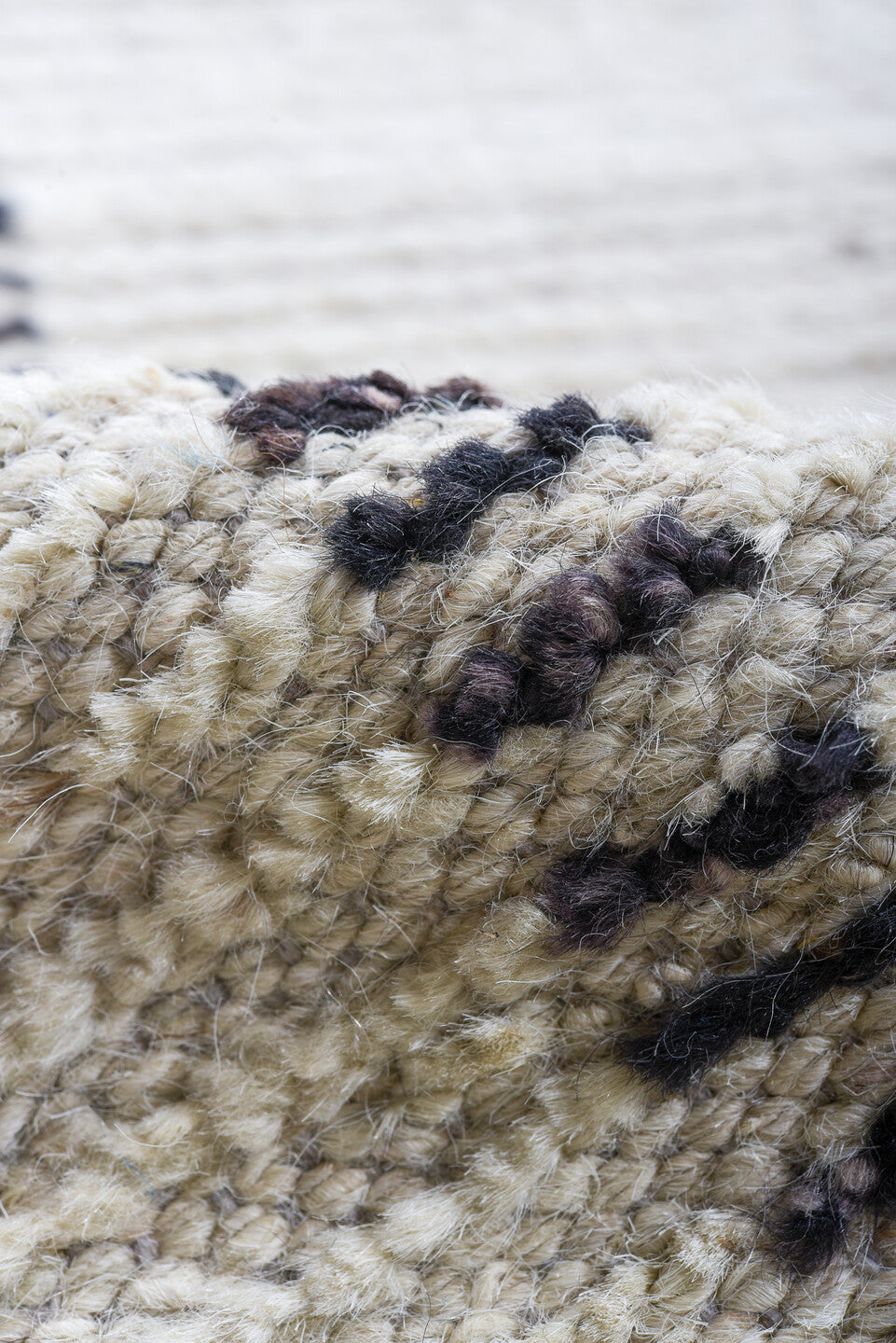 9' x 11' one-of-a-kind handmade vintage Tulu large size rug. Color palette: ivory, charcoal, gray, black