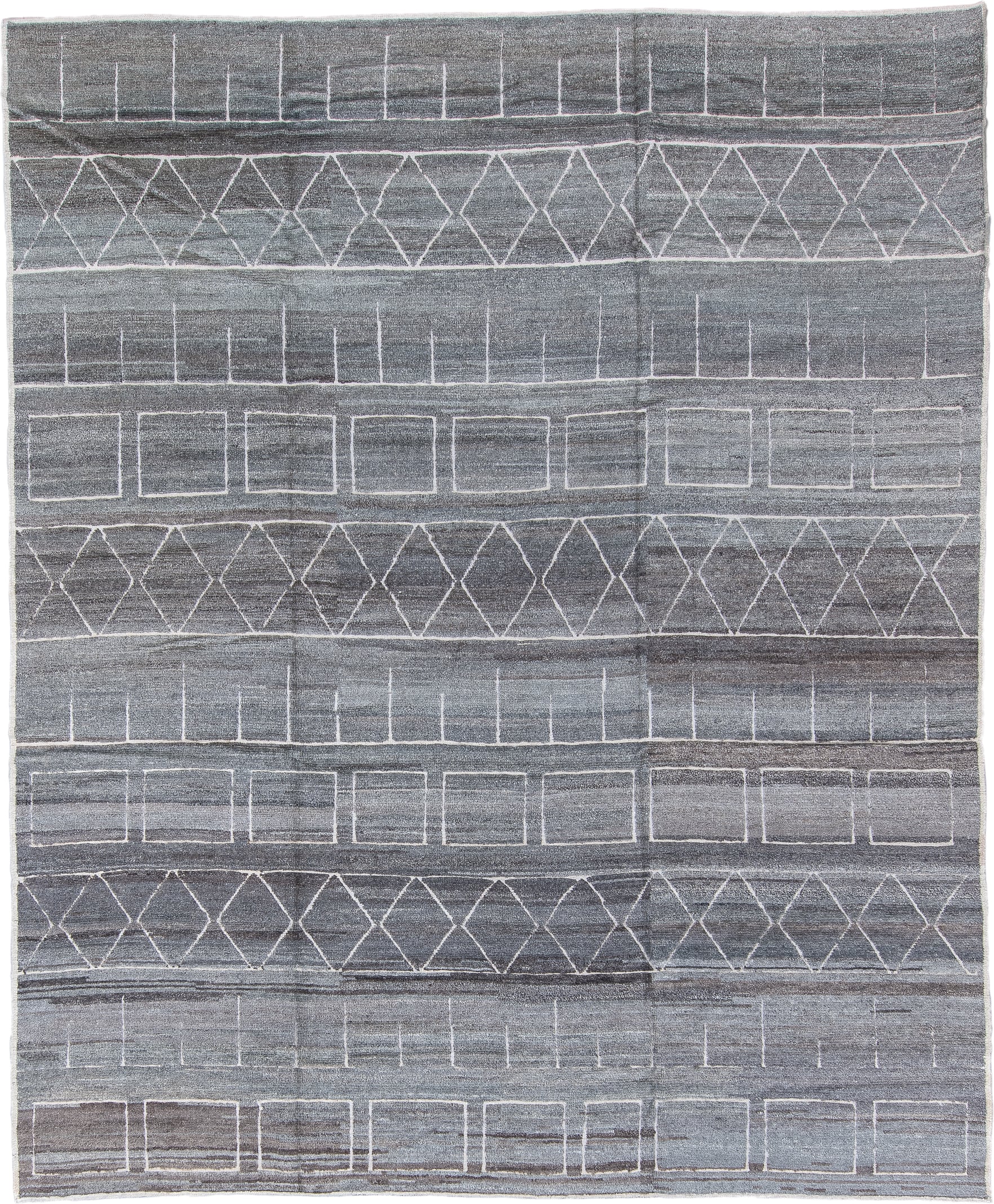 8' x 10' one-of-a-kind handmade vintage Tulu large size rug. Color palette: gray, ivory, charcoal, taupe, black, beige