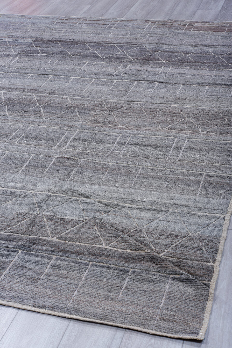 8' x 10' one-of-a-kind handmade vintage Tulu large size rug. Color palette: gray, ivory, charcoal, taupe, black, beige