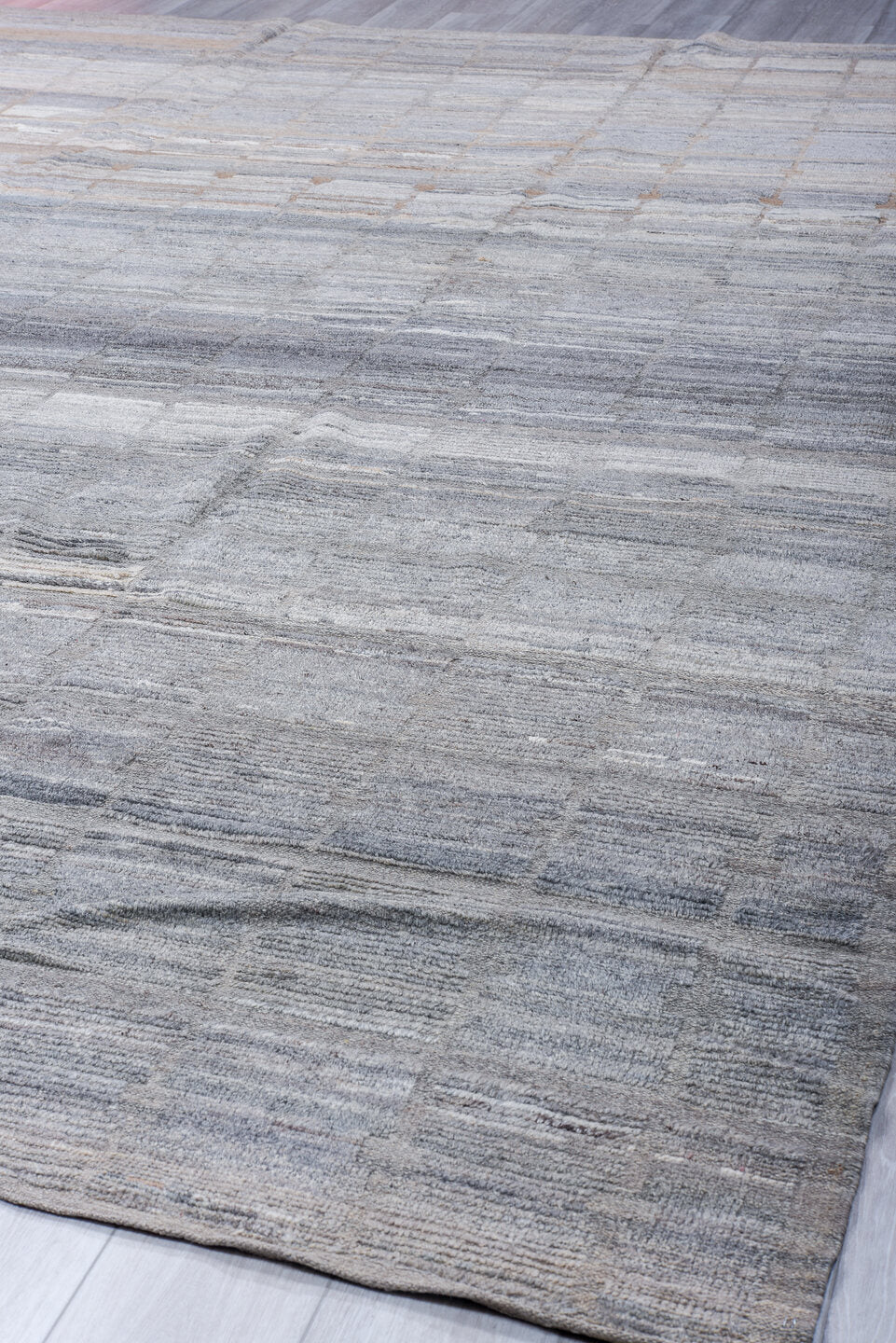 10' x 14' one-of-a-kind handmade vintage Tulu large size rug. Color palette: gray, ivory, taupe, cream, beige
