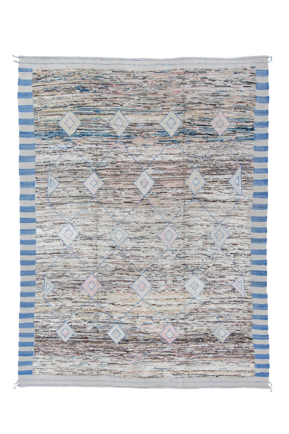 9' x 12' one-of-a-kind handmade vintage Tulu large size rug. Color palette: black, blue, charcoal, dark gray, dim gray