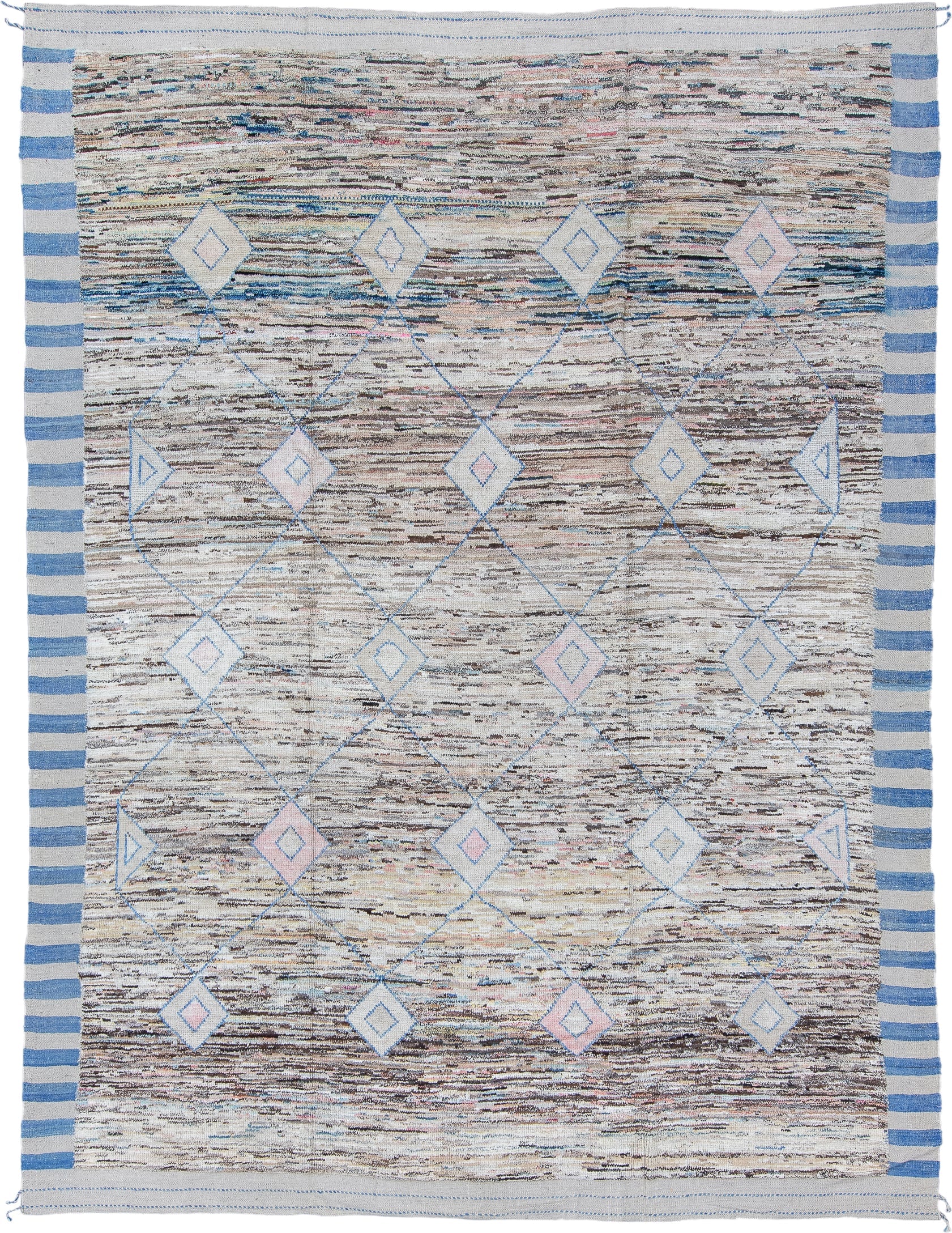 9' x 12' one-of-a-kind handmade vintage Tulu large size rug. Color palette: ivory, sky blue, taupe, brown, blush, gray