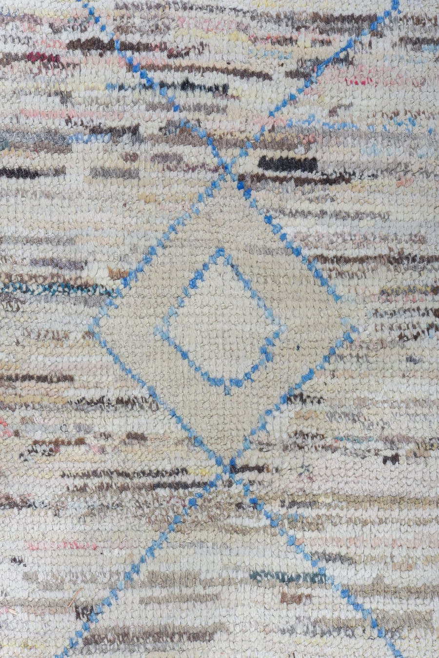 9' x 12' one-of-a-kind handmade vintage Tulu large size rug. Color palette: ivory, sky blue, taupe, brown, blush, gray