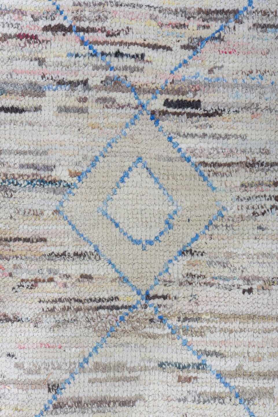 9' x 12' one-of-a-kind handmade vintage Tulu large size rug. Color palette: ivory, sky blue, taupe, brown, blush, gray