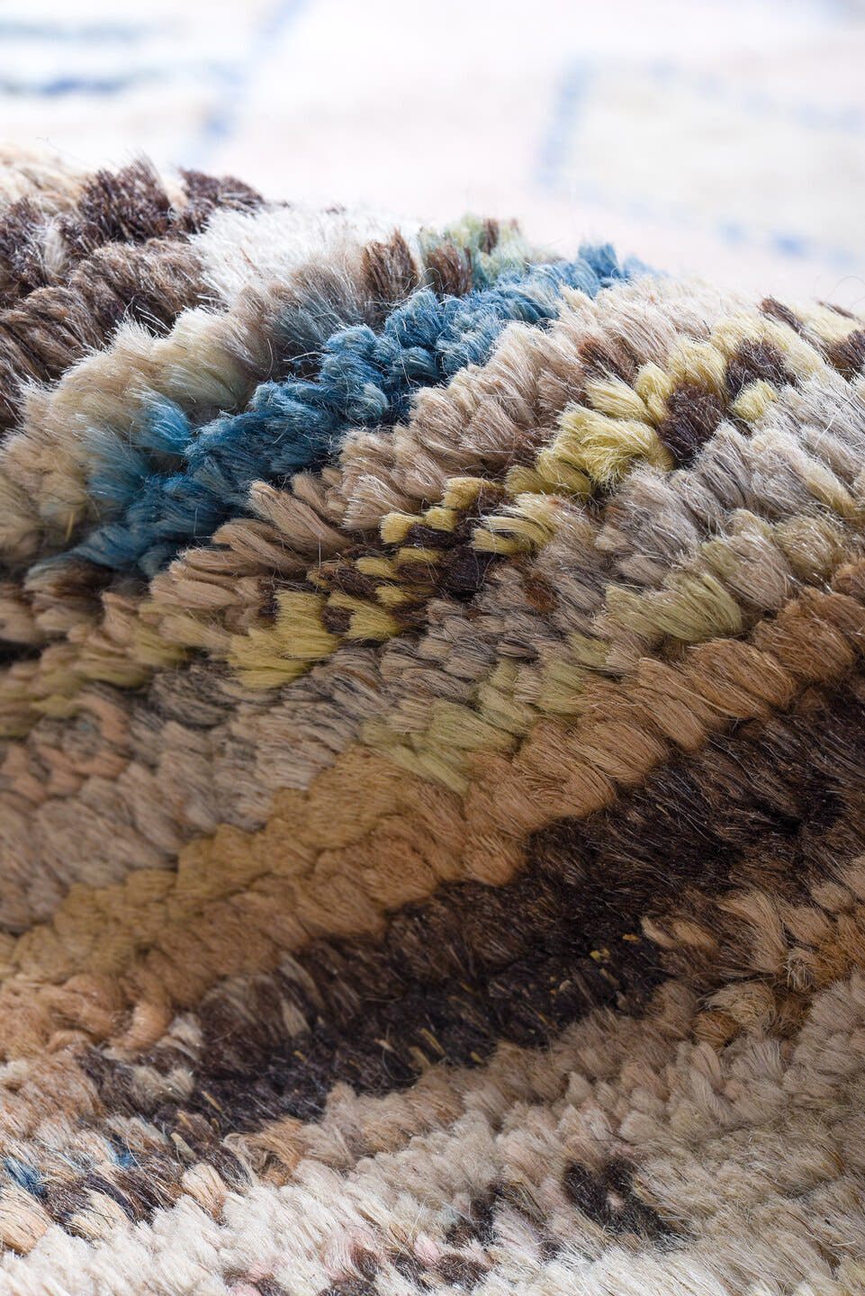 9' x 12' one-of-a-kind handmade vintage Tulu large size rug. Color palette: ivory, sky blue, taupe, brown, blush, gray