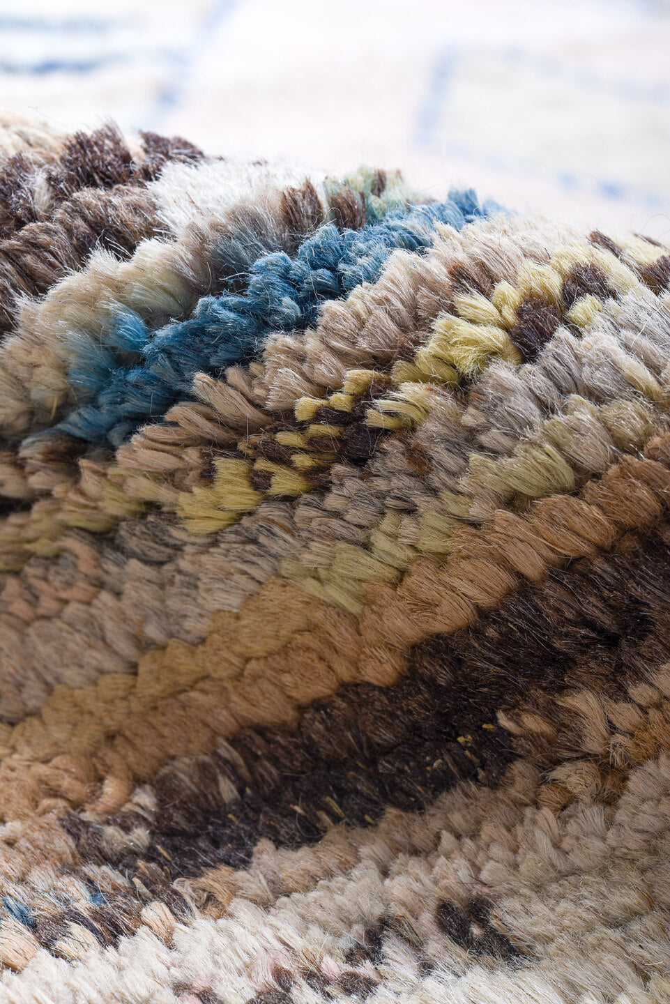 9' x 12' one-of-a-kind handmade vintage Tulu large size rug. Color palette: ivory, sky blue, taupe, brown, blush, gray