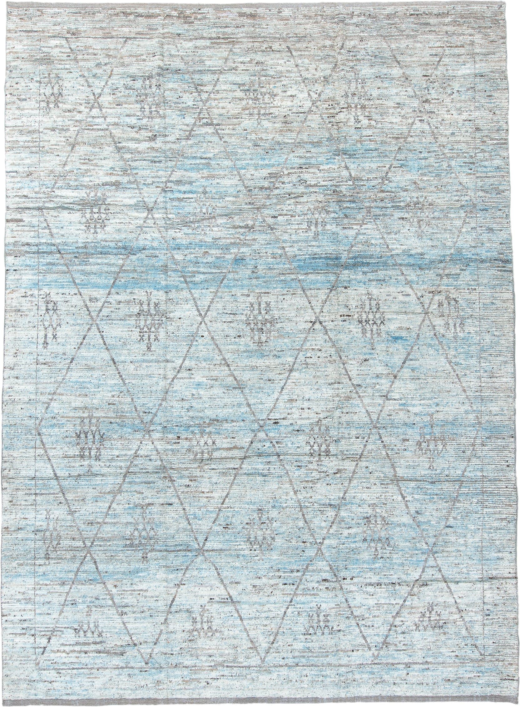 10' x 14' one-of-a-kind handmade vintage Tulu large size rug. Color palette: ivory, pale blue, taupe, light gray, light blue