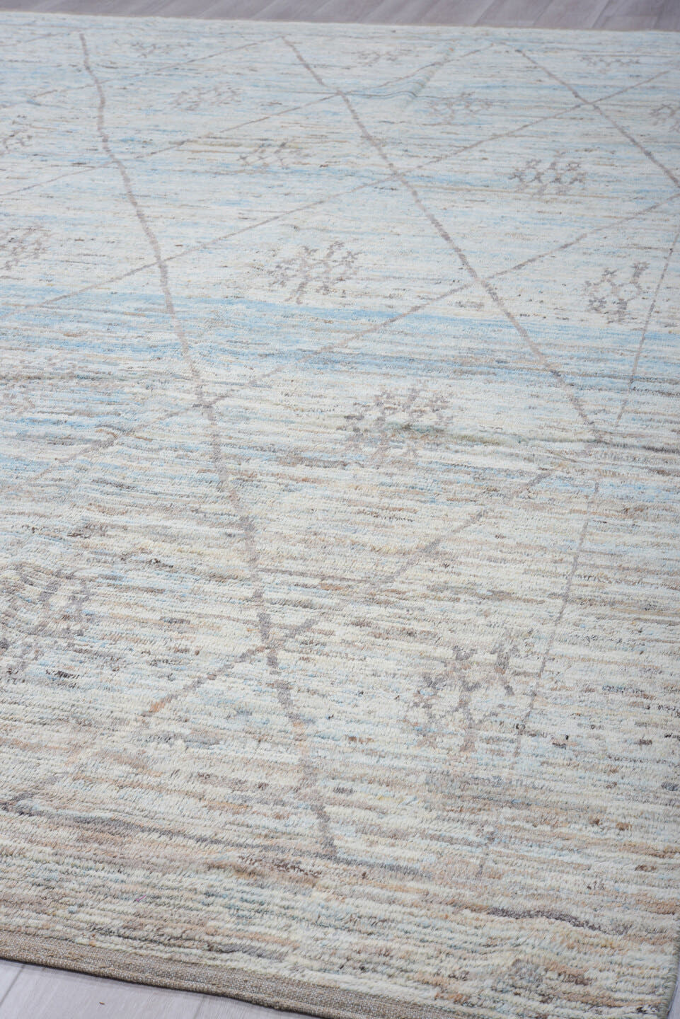 10' x 14' one-of-a-kind handmade vintage Tulu large size rug. Color palette: ivory, pale blue, taupe, light gray, light blue
