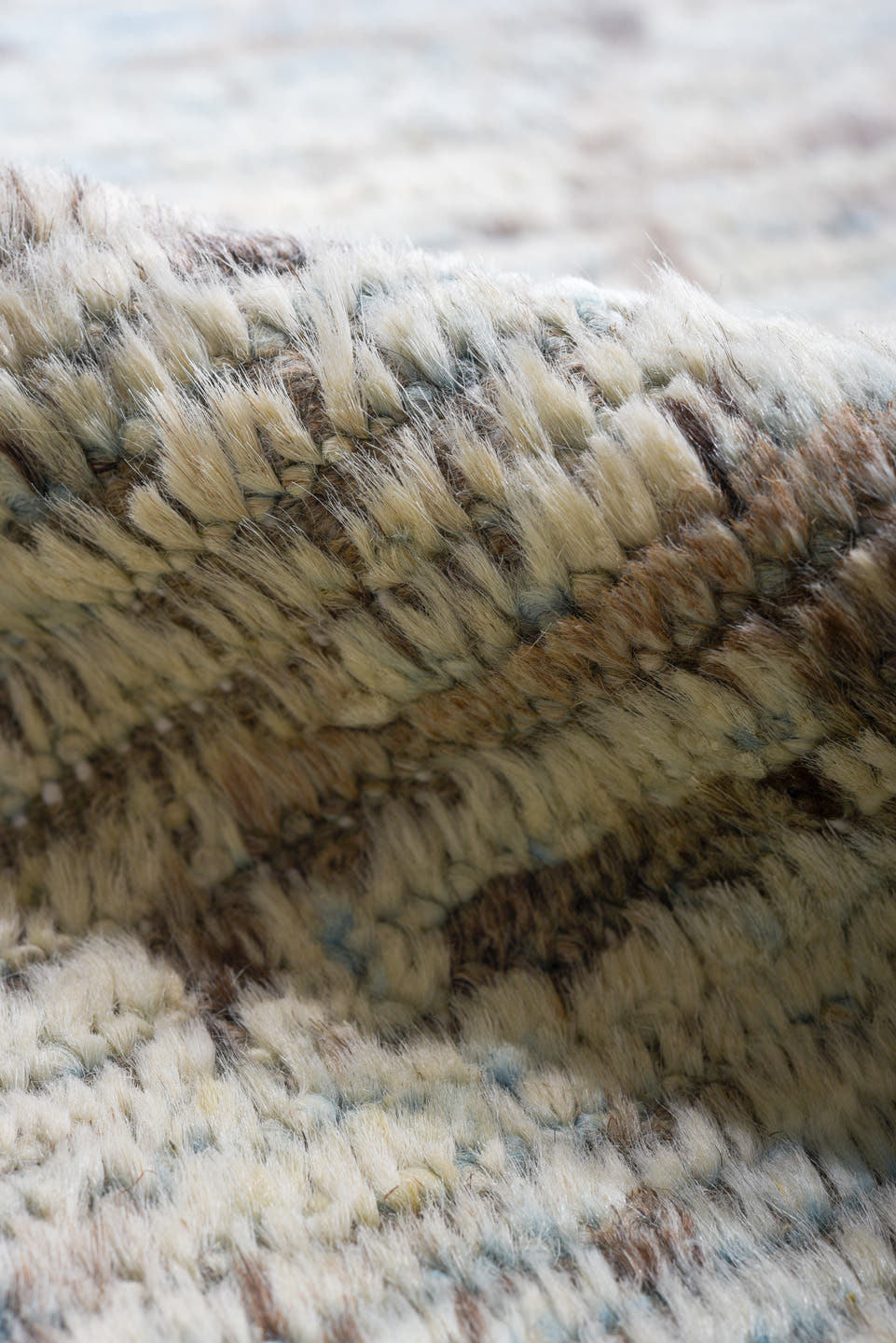 10' x 14' one-of-a-kind handmade vintage Tulu large size rug. Color palette: ivory, pale blue, taupe, light gray, light blue