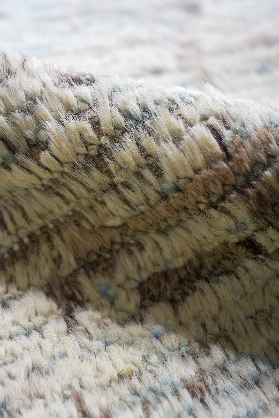 10' x 14' one-of-a-kind handmade vintage Tulu large size rug. Color palette: ivory, pale blue, taupe, light gray, light blue