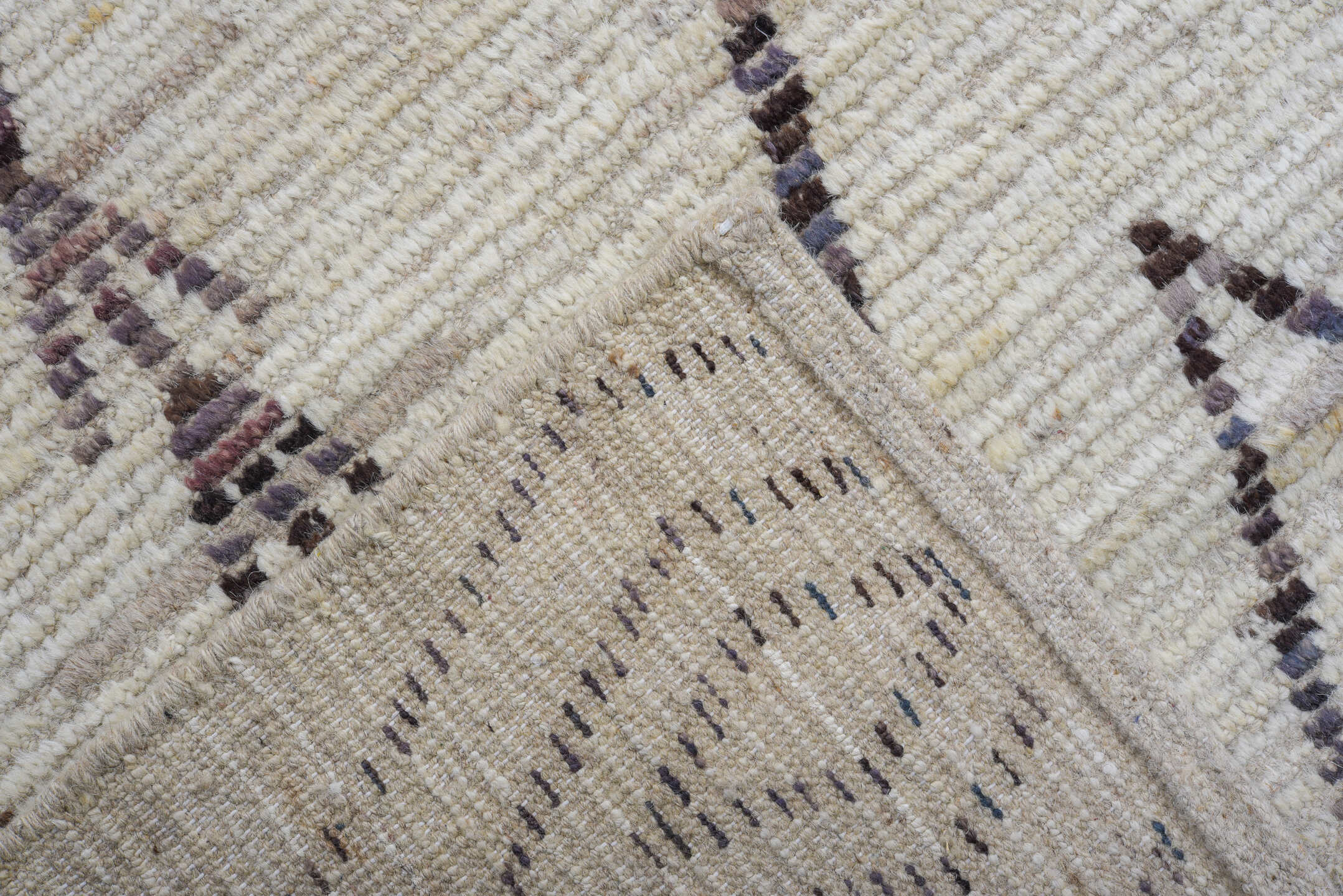 10' x 13' one-of-a-kind handmade vintage Tulu large size rug. Color palette: ivory, charcoal, taupe, brown, gray, black