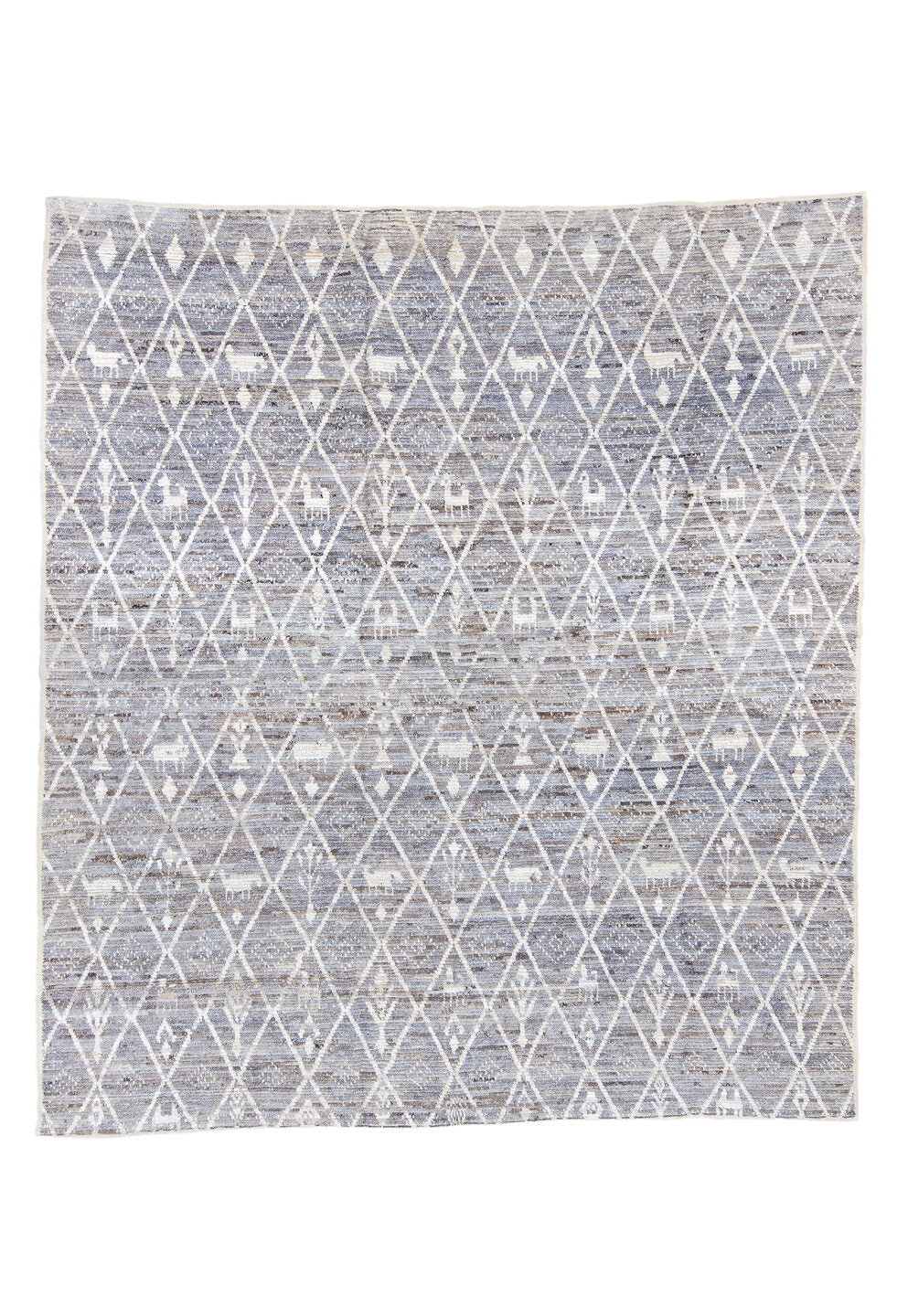 8' x 9' one-of-a-kind handmade vintage Tulu rug. Color palette: blue, dark gray, gainsboro, gray, light blue, light gray