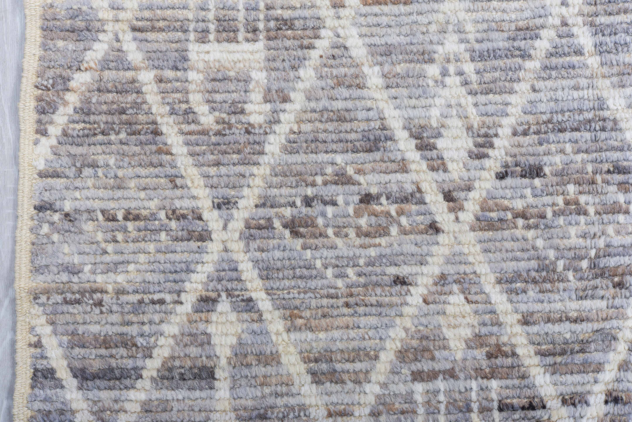 8' x 9' one-of-a-kind handmade vintage Tulu rug. Color palette: ivory, gray, taupe, greige, stone, beige