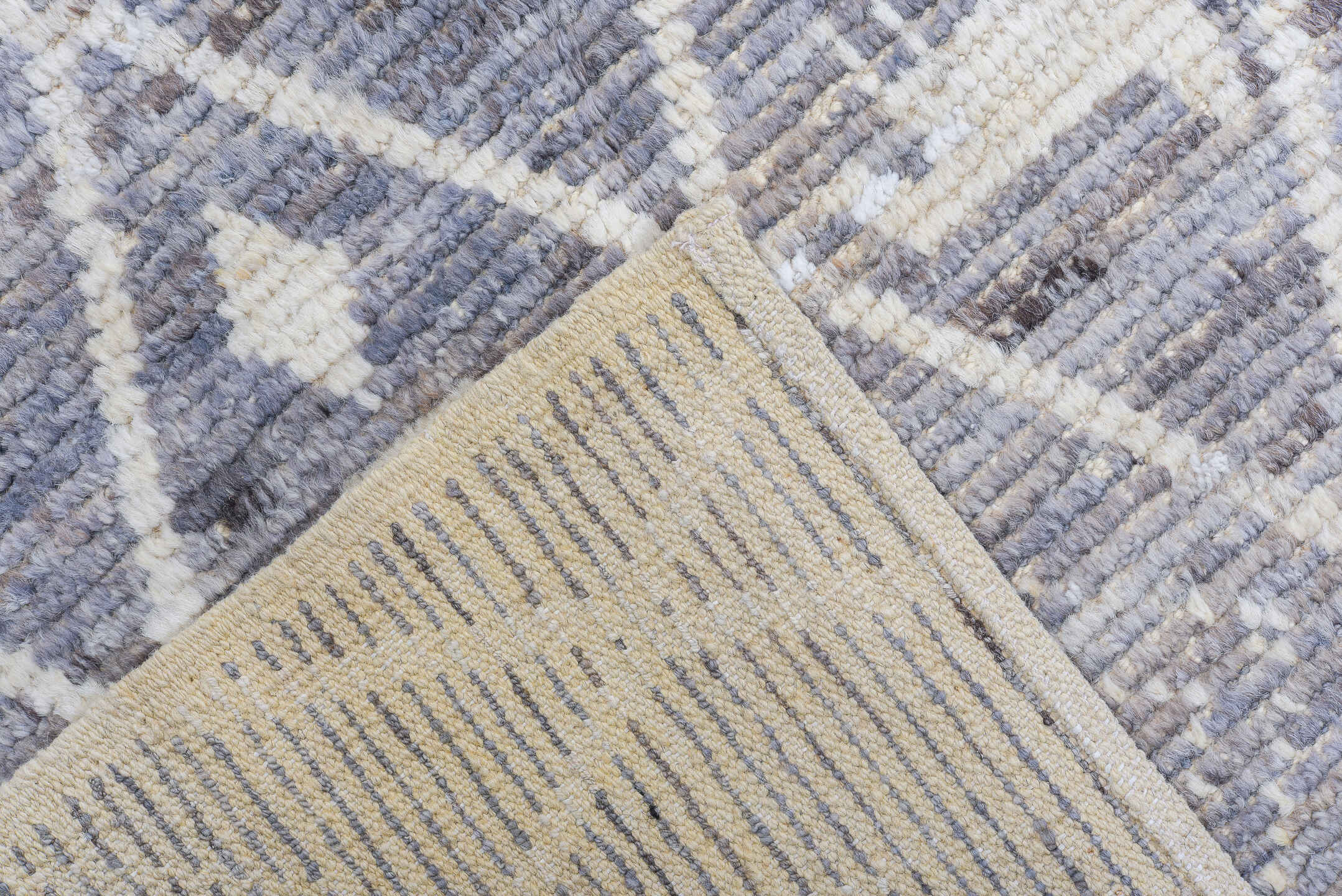 8' x 9' one-of-a-kind handmade vintage Tulu rug. Color palette: ivory, gray, taupe, greige, stone, beige
