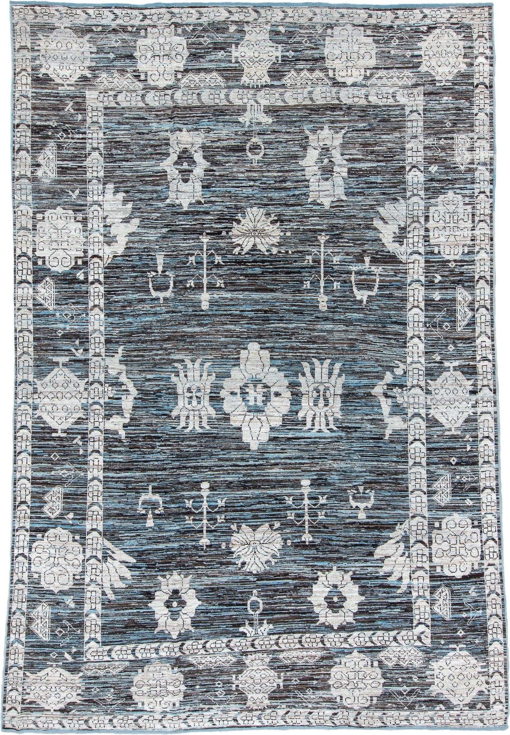 9' x 14' one-of-a-kind handmade vintage Tulu large size rug. Color palette: charcoal, ivory, sky blue, slate, cream, gray