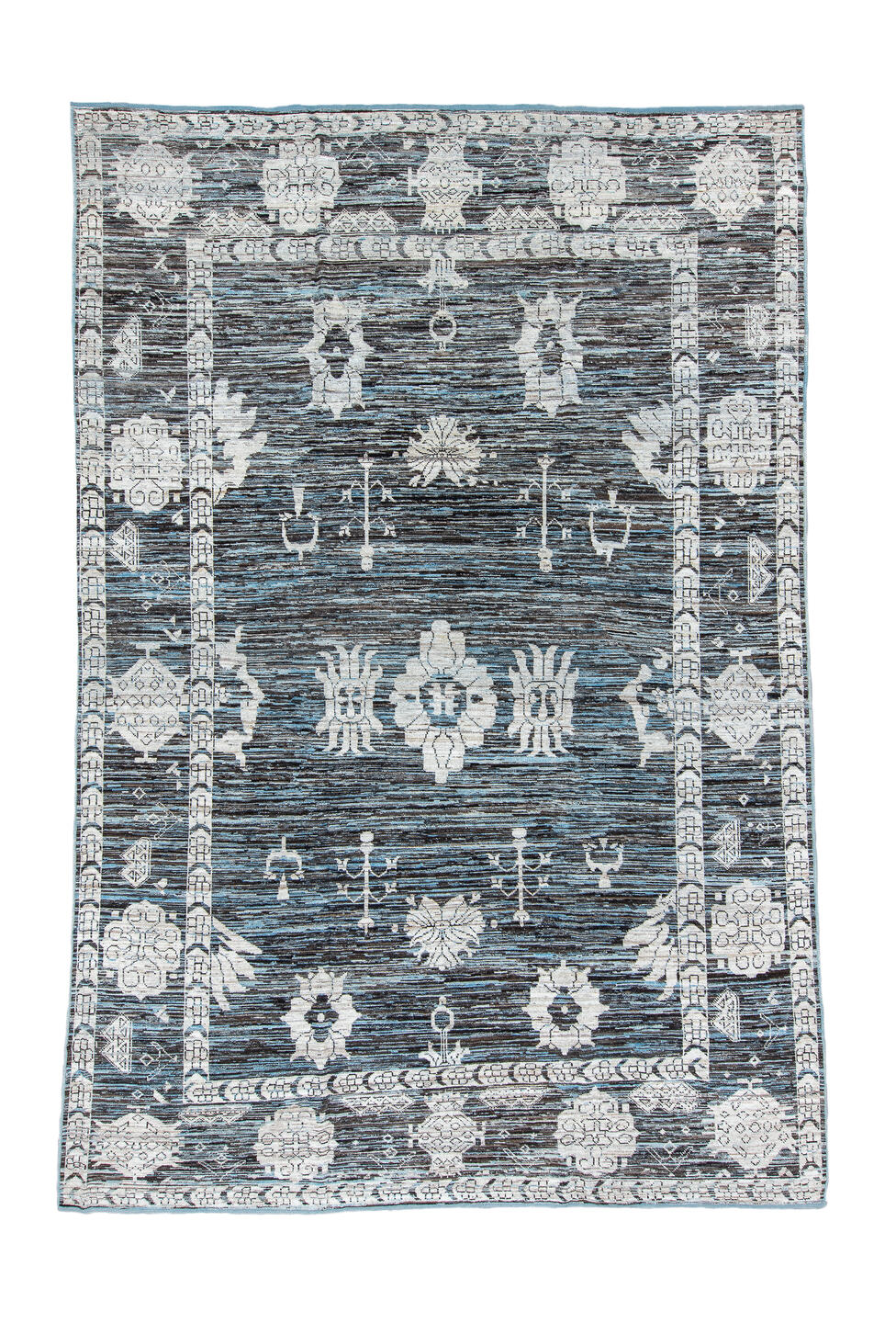 9' x 14' one-of-a-kind handmade vintage Tulu large size rug. Color palette: black, blue, charcoal, dark gray, dim gray