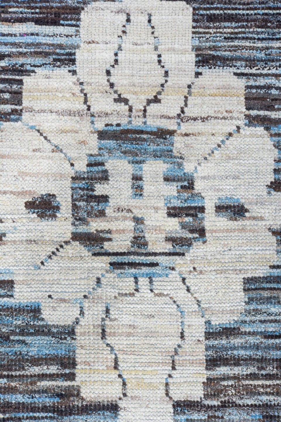 9' x 14' one-of-a-kind handmade vintage Tulu large size rug. Color palette: charcoal, ivory, sky blue, slate, cream, gray