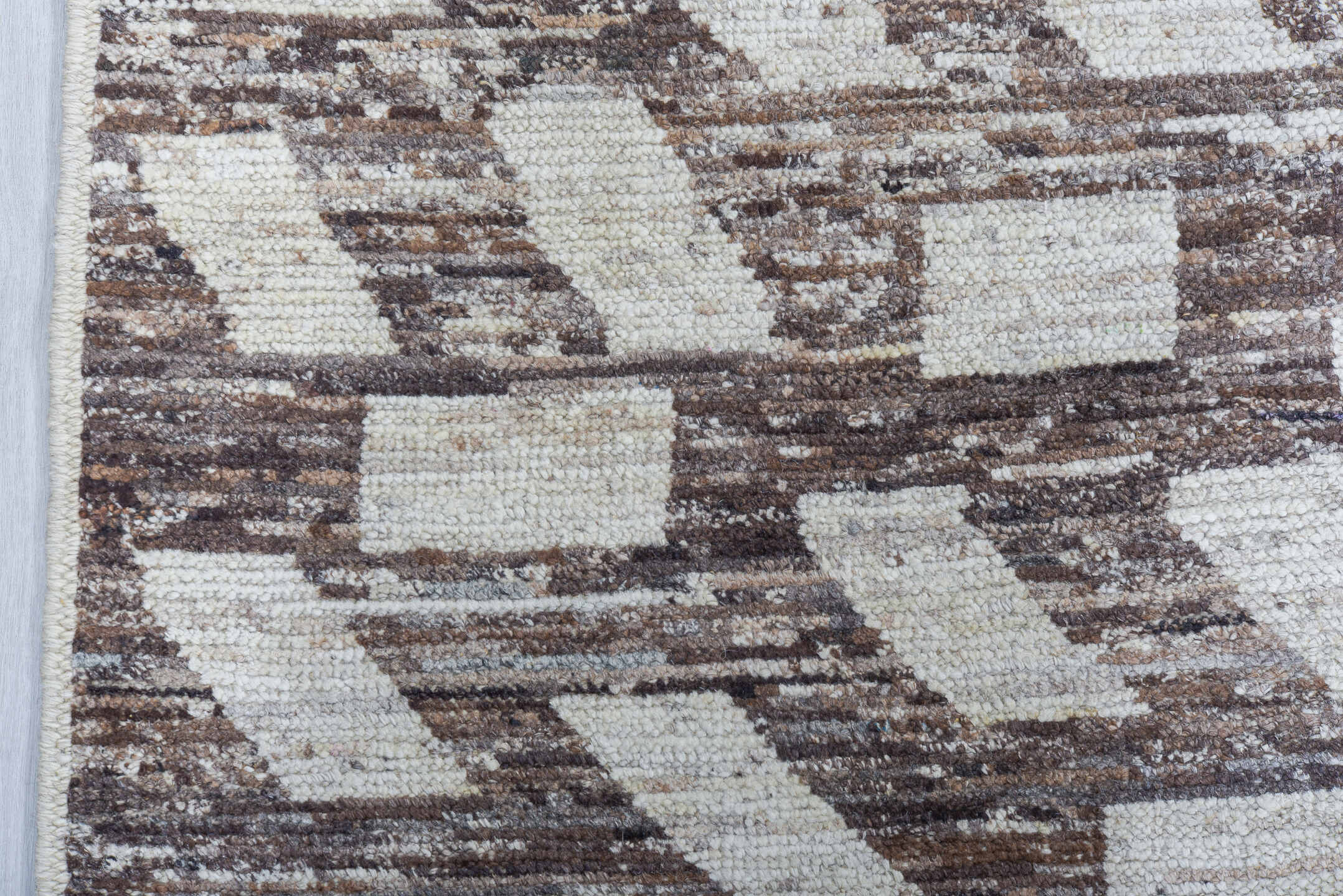 10' x 13' one-of-a-kind handmade vintage Tulu large size rug. Color palette: brown, ivory, taupe, beige, gray