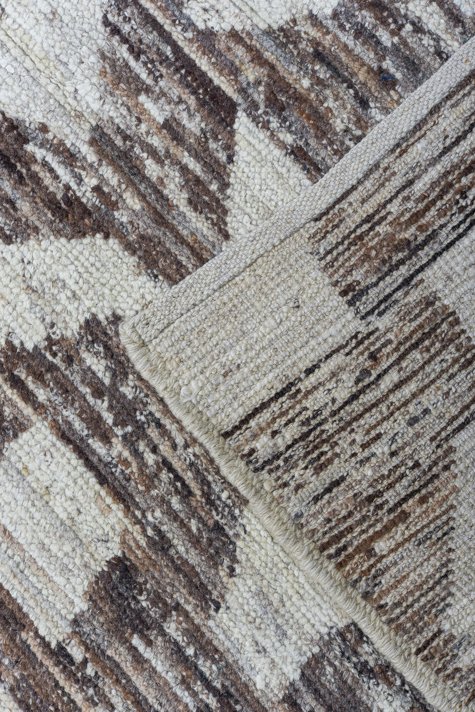 10' x 13' one-of-a-kind handmade vintage Tulu large size rug. Color palette: brown, ivory, taupe, beige, gray
