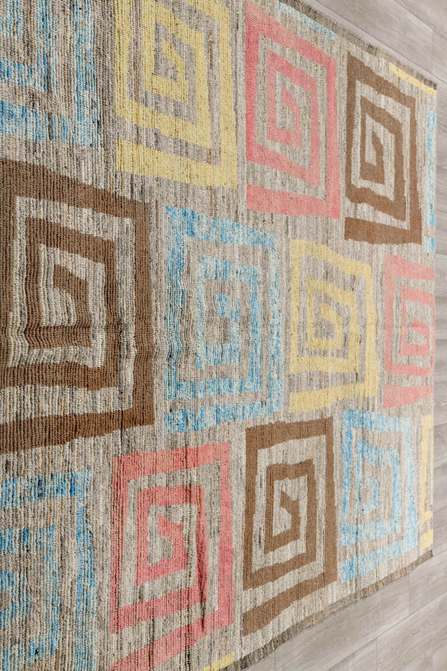 6' x 10' one-of-a-kind handmade vintage Tulu large size rug. Color palette: taupe, brown, sky blue, blush, pale yellow
