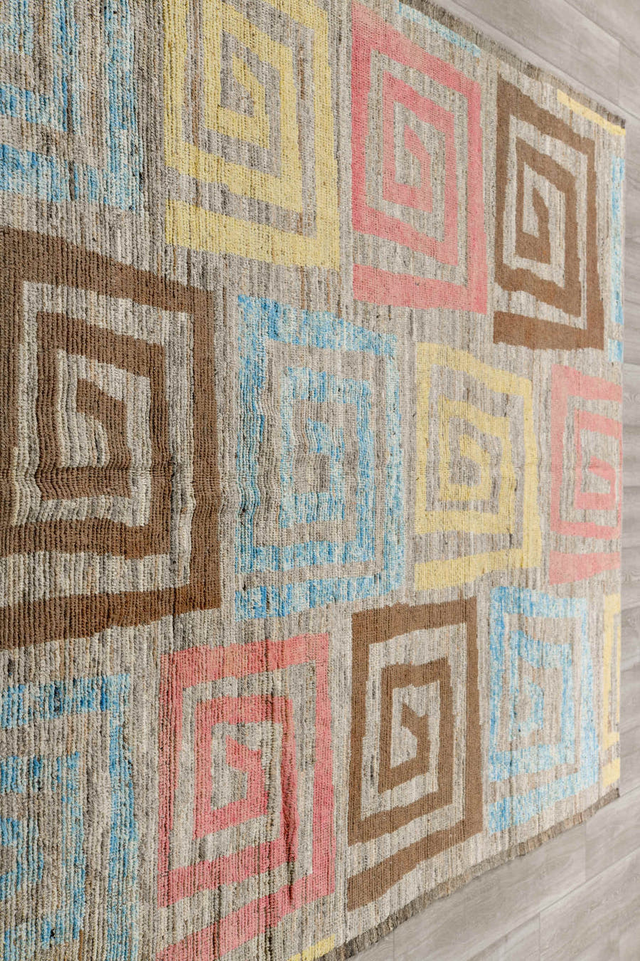 6' x 10' one-of-a-kind handmade vintage Tulu large size rug. Color palette: taupe, brown, sky blue, blush, pale yellow