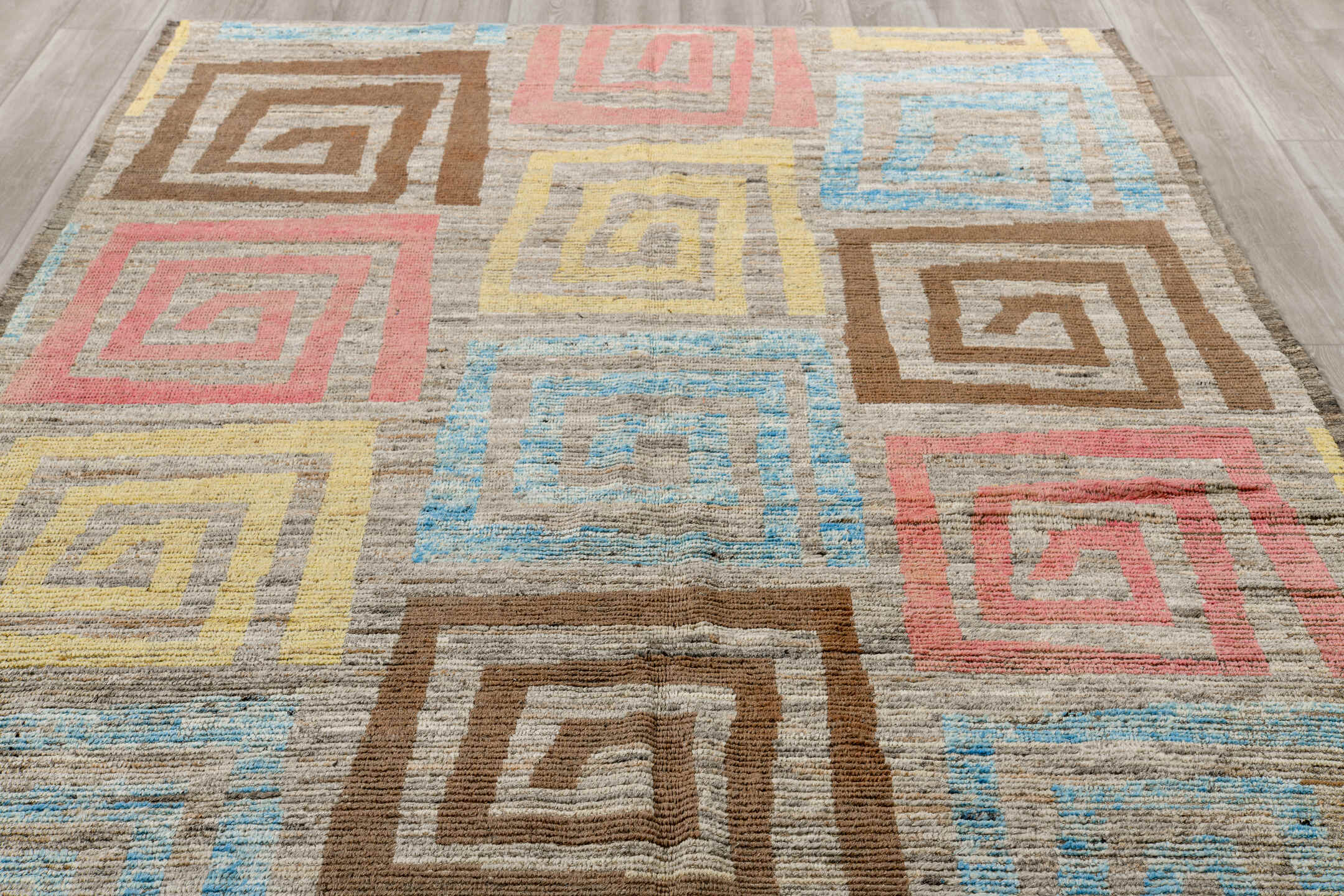 6' x 10' one-of-a-kind handmade vintage Tulu large size rug. Color palette: blue, brown, gray, light blue, light gray