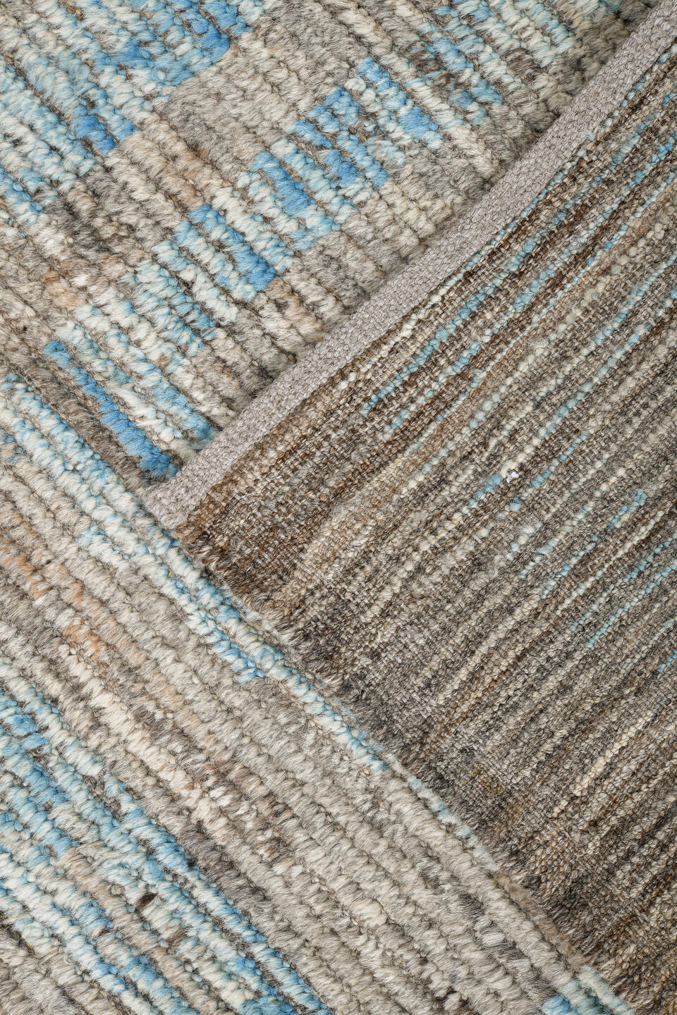 6' x 10' one-of-a-kind handmade vintage Tulu large size rug. Color palette: blue, brown, gray, light blue, light gray