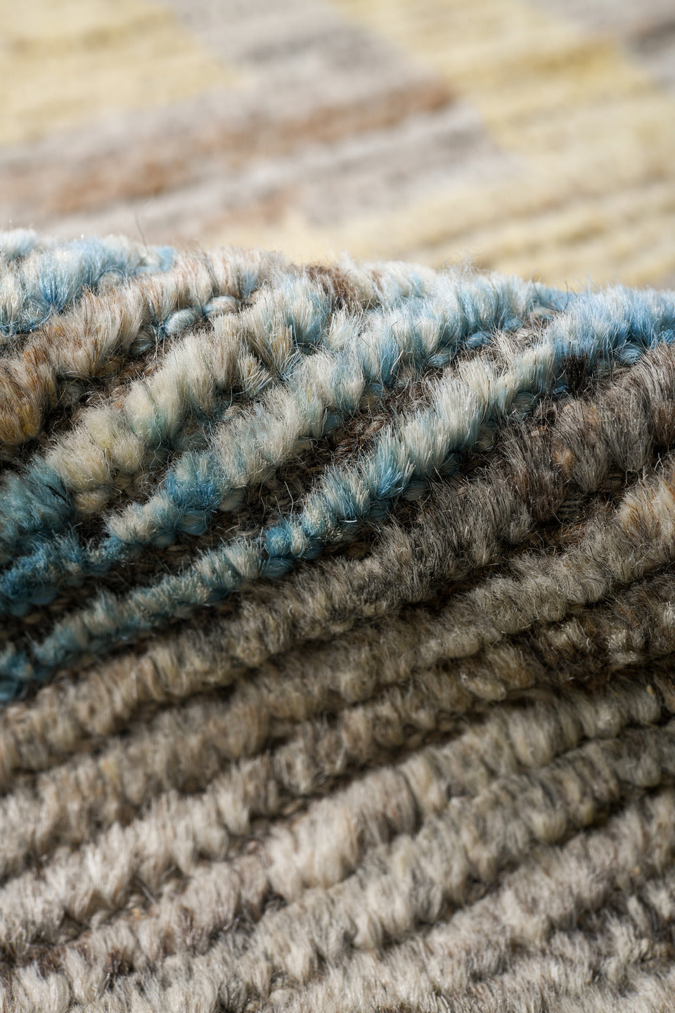 6' x 10' one-of-a-kind handmade vintage Tulu large size rug. Color palette: taupe, brown, sky blue, blush, pale yellow