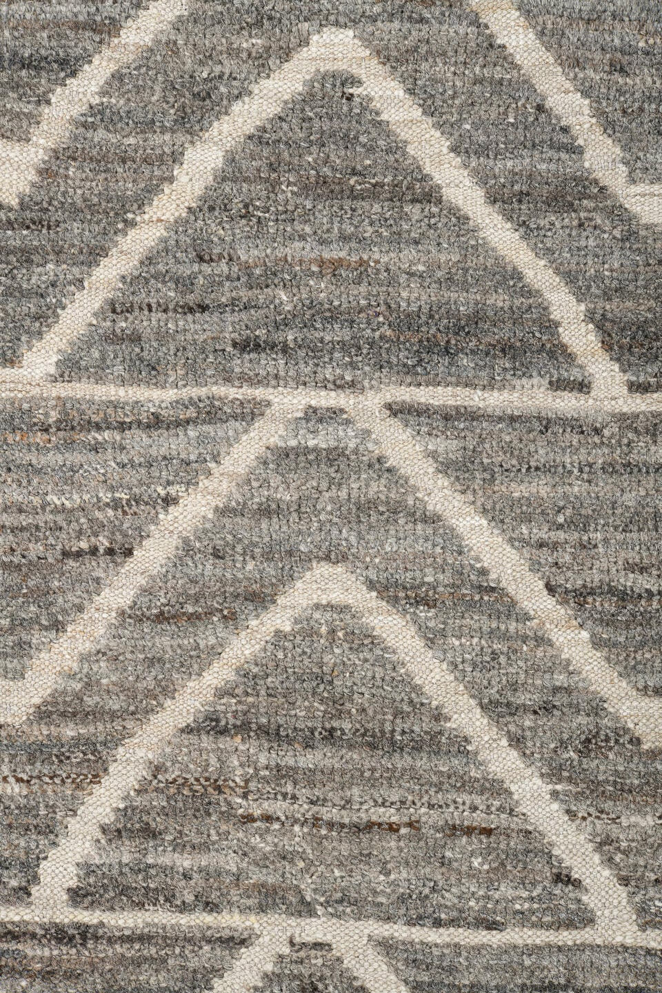 9' x 12' one-of-a-kind handmade vintage Tulu large size rug. Color palette: gray, ivory, taupe, charcoal, beige, black