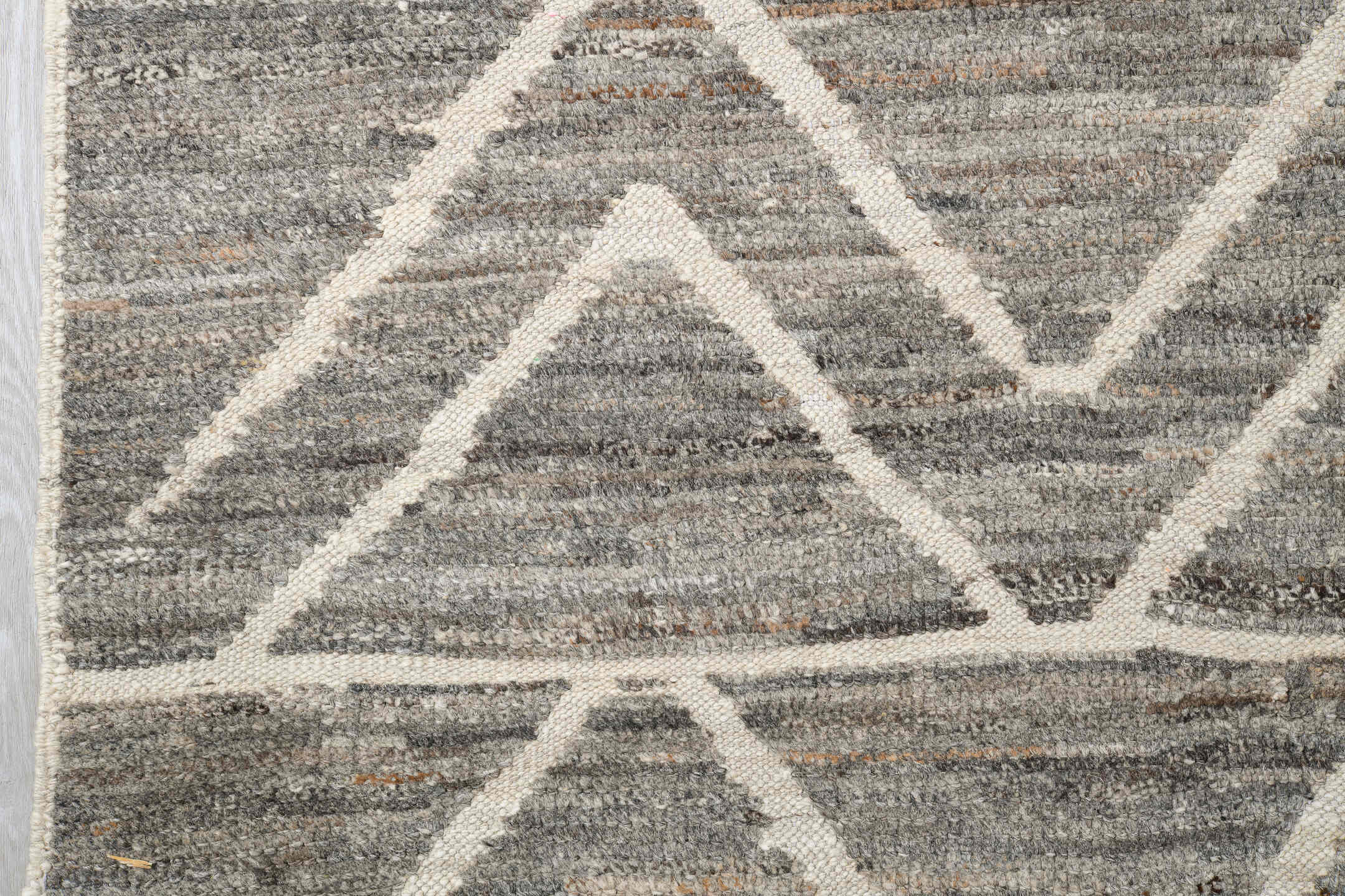 9' x 12' one-of-a-kind handmade vintage Tulu large size rug. Color palette: gray, ivory, taupe, charcoal, beige, black